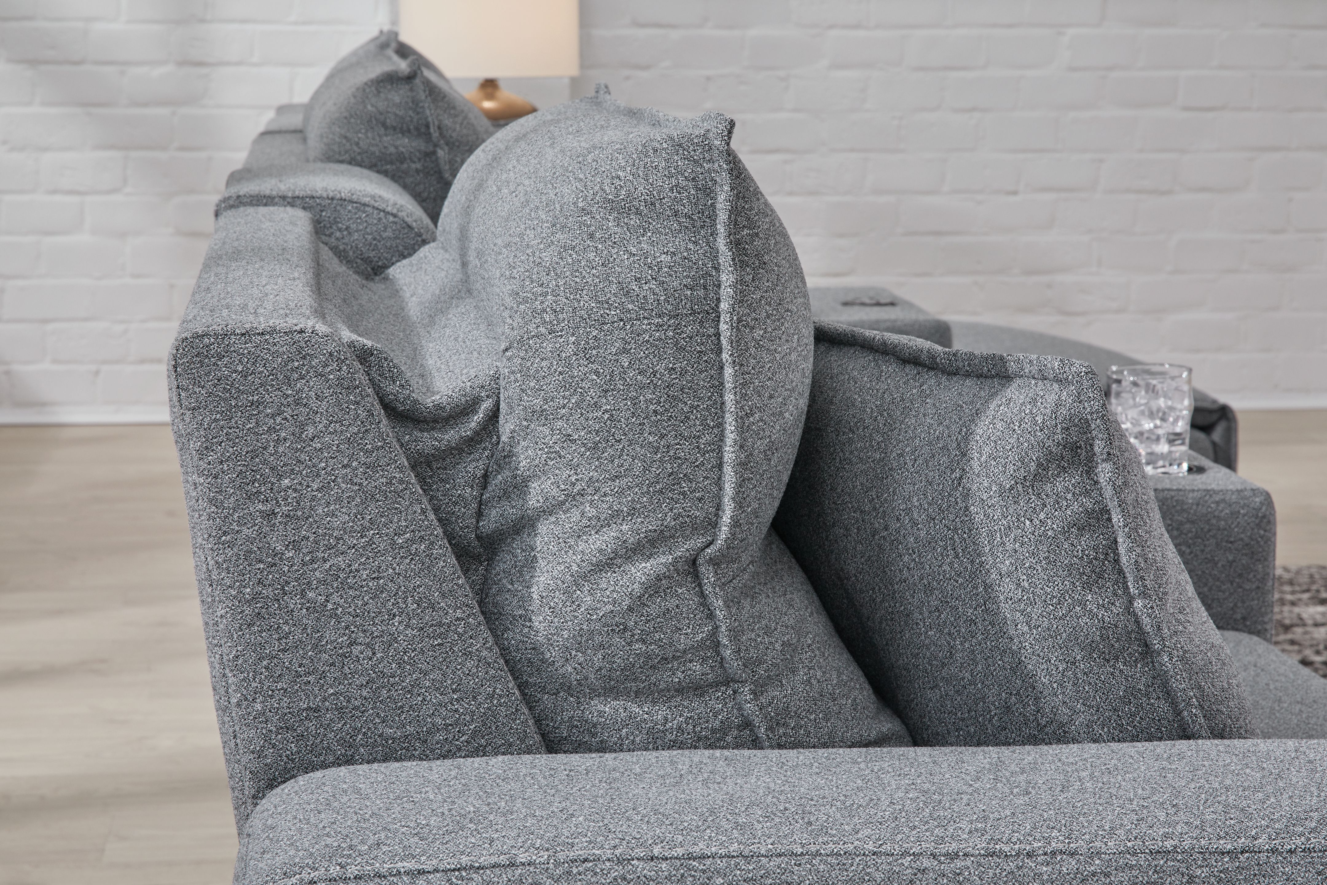 Modmax II - 7-Piece Power Reclining Sectional With RAF Press Back Power Chaise, Console And Audio System - Salt And Pepper