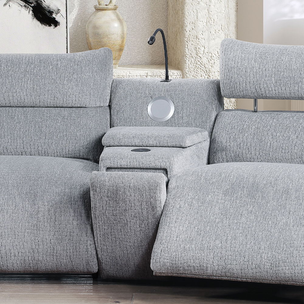 Fullar - Modular Console With Speaker & Cup Holder - Light Gray Chenille, light gray