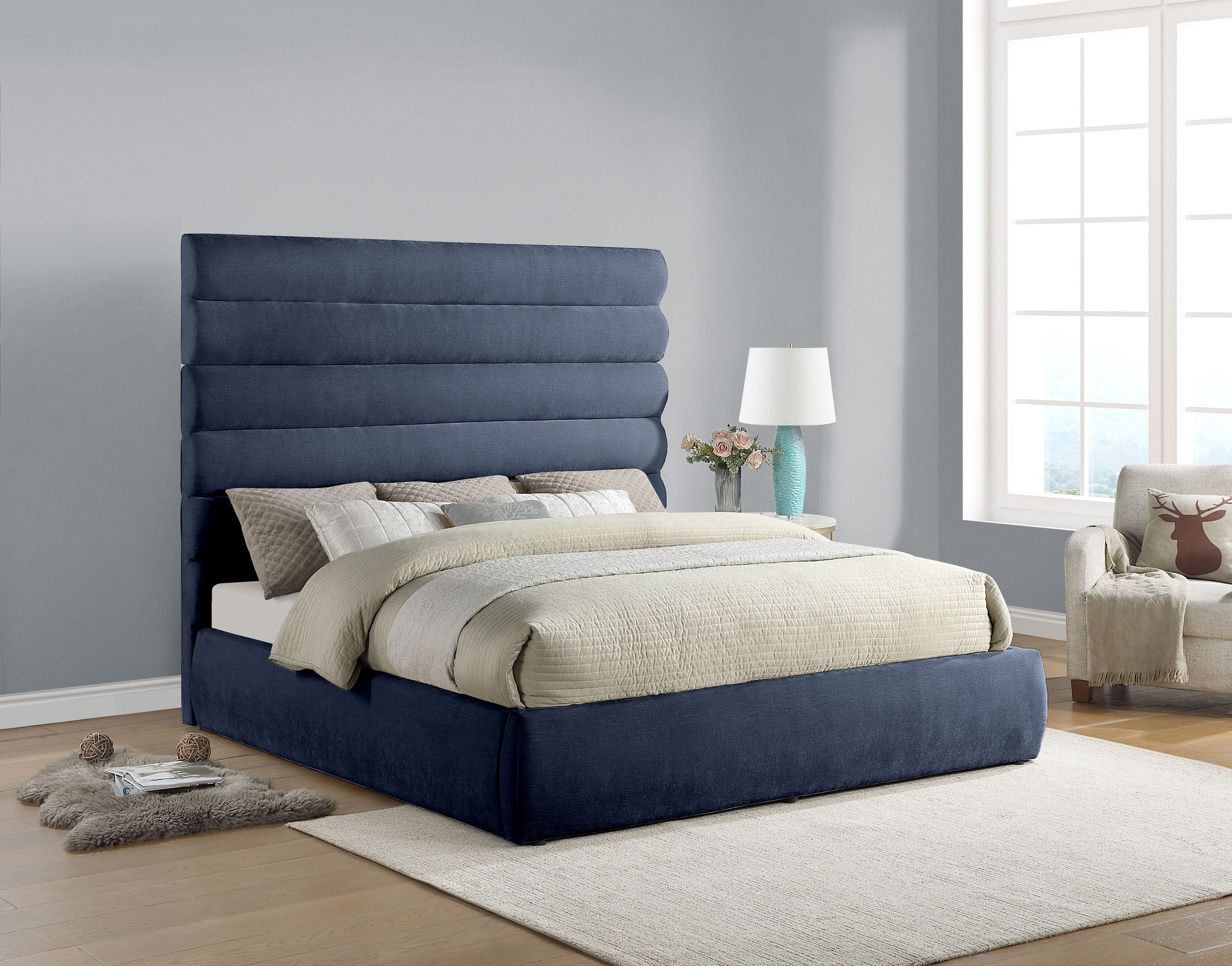 Adam - Chenille Fabric King Bed With 70.5" Headboard - Navy