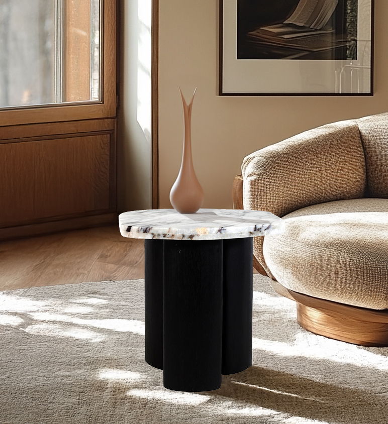 Puglia - Marble Top And Oak Wood Base End Table - White