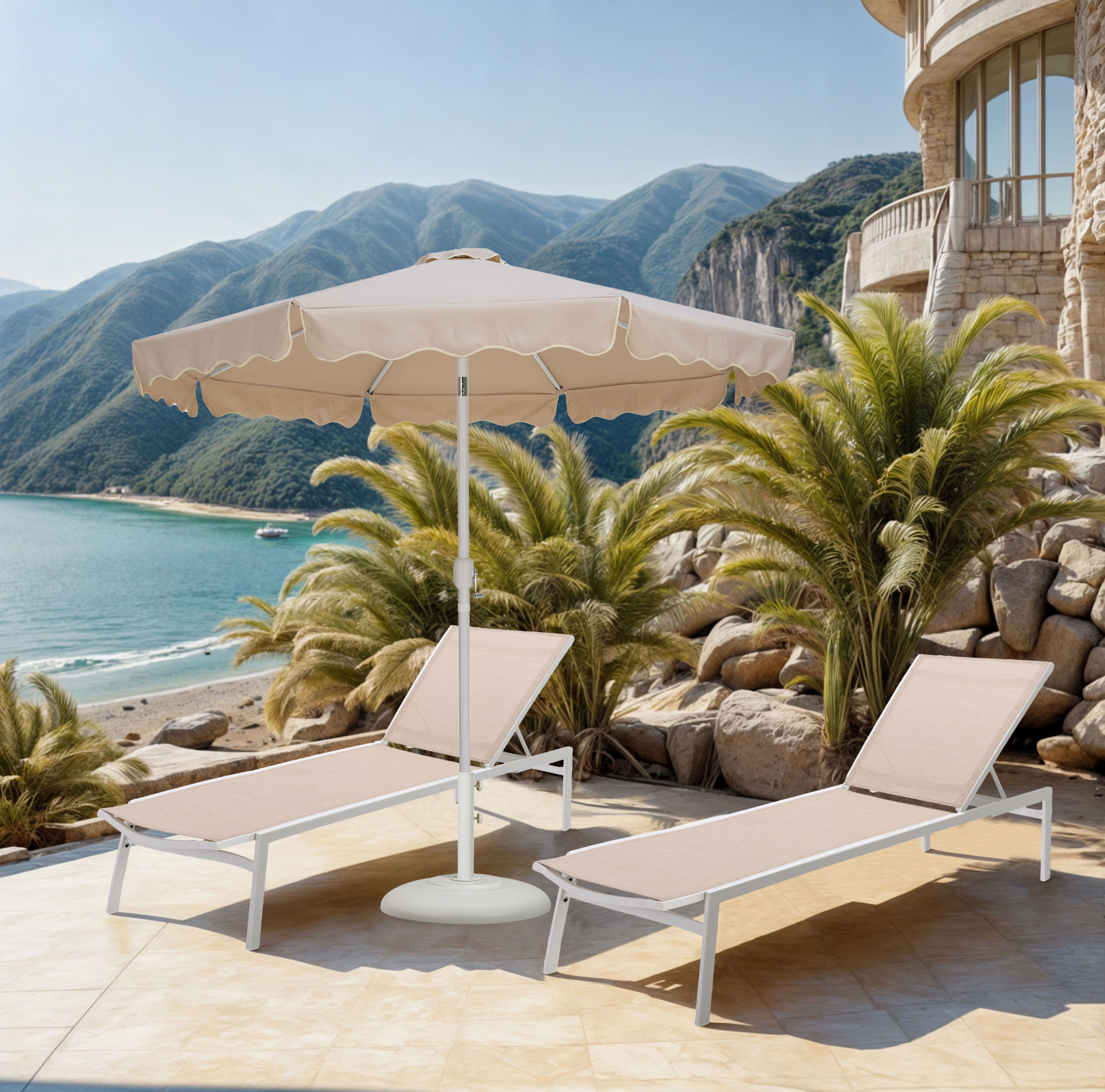Amalfi - With Cream Piping Aluminum Patio Umbrella With White Base / White Pole - Beige