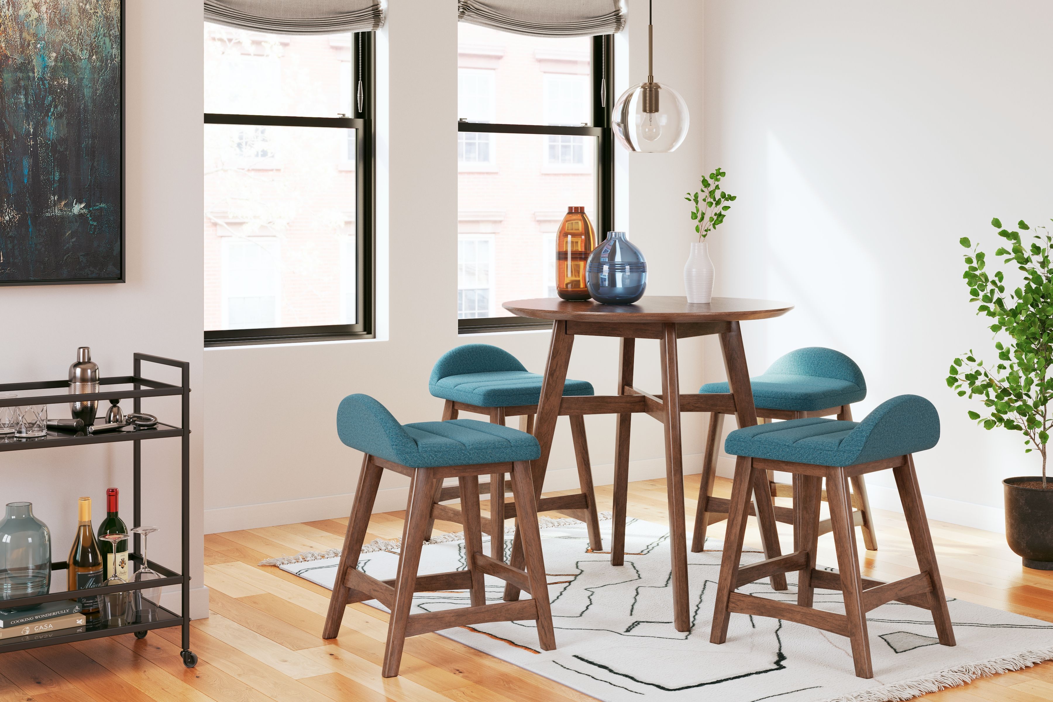 Ashley Lyncott - Blue / Brown - 5 Pc. - Counter Table, 4 Upholstered Barstools