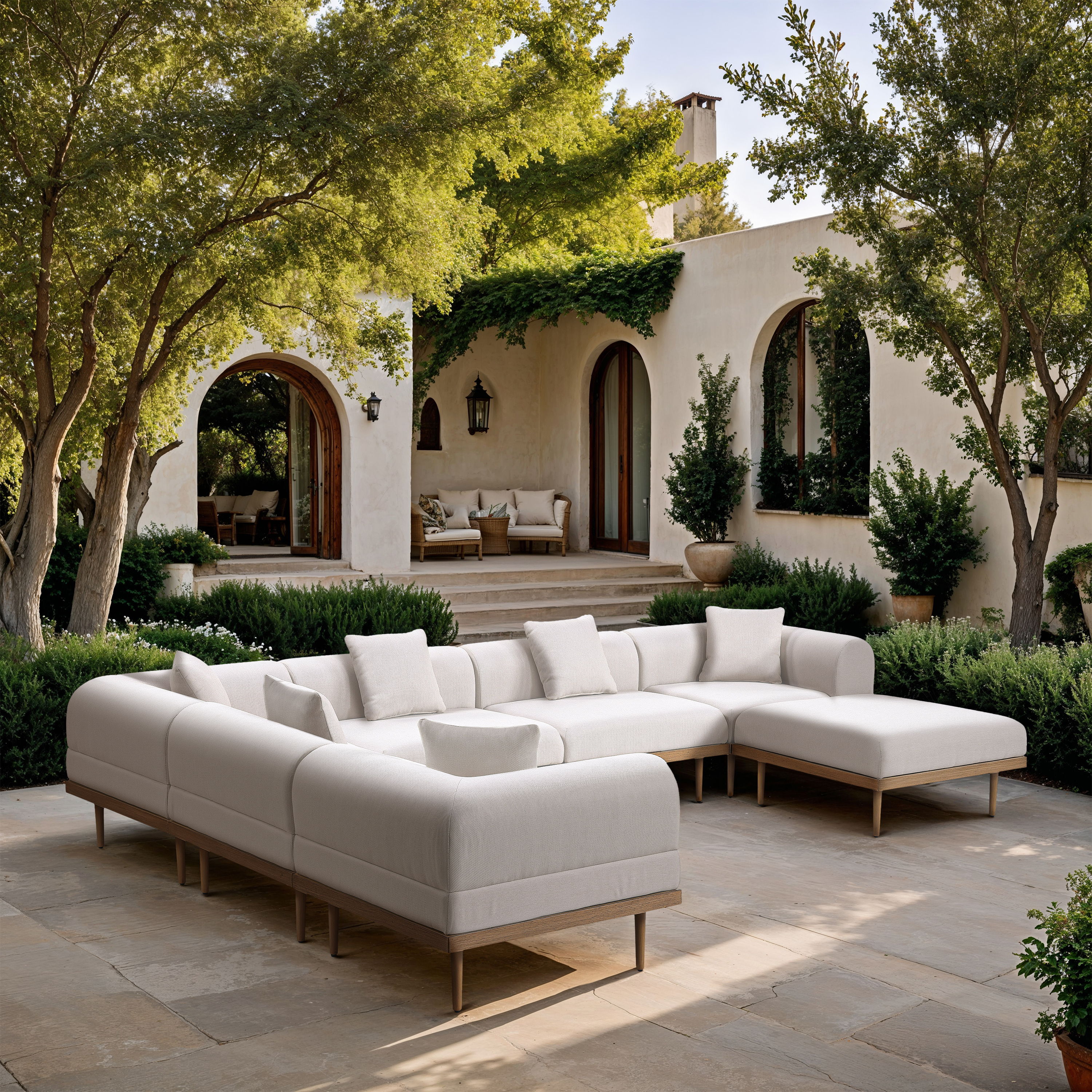 Laguna - 7 Piece Resilient Water Resistant Fabric 142" Upholstered Outdoor Patio Modular Sectional - Cream