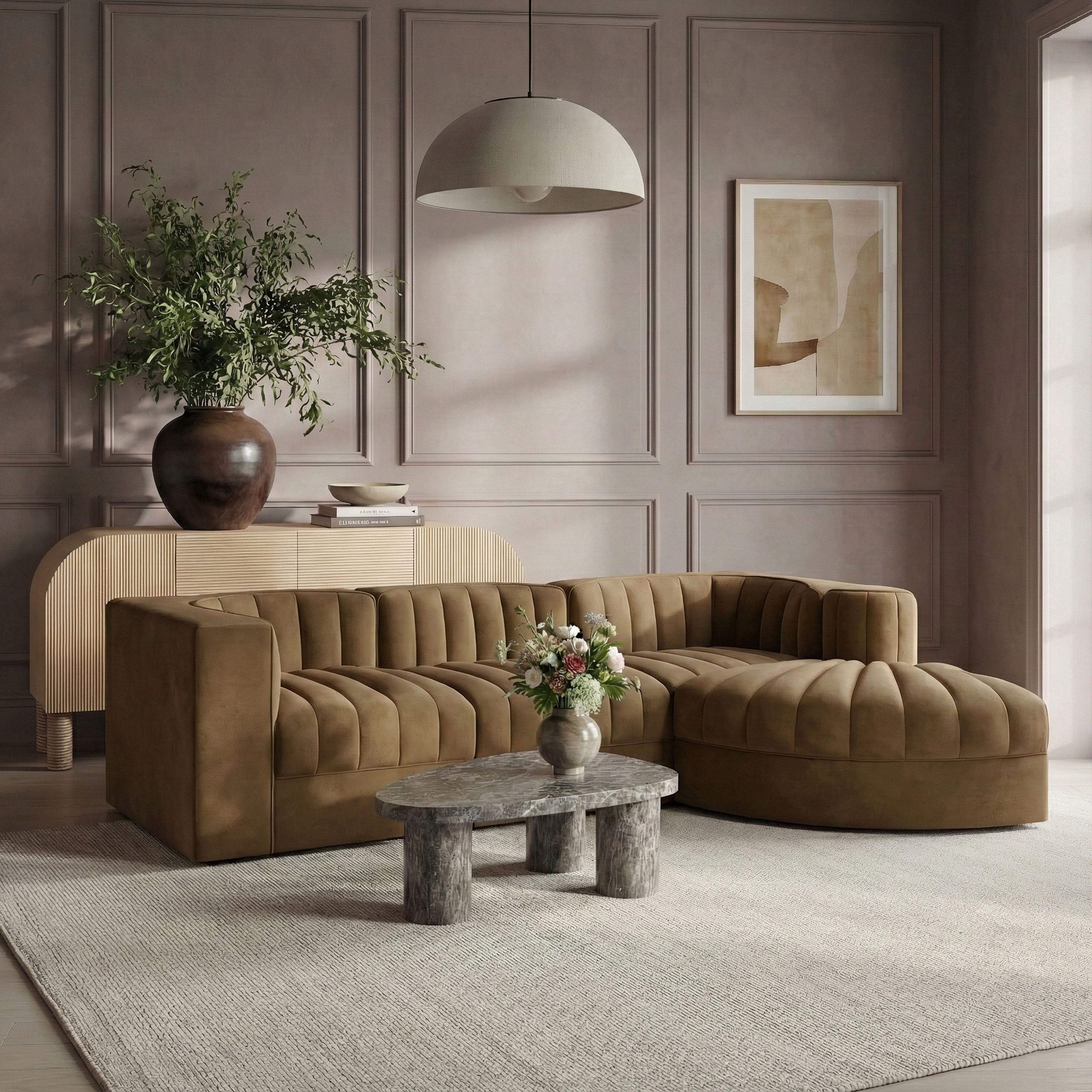 Rummi - Velvet Performance Fabric Upholstered 4 Piece Modular Sectional, With Reverse Corner Chair - Saddle