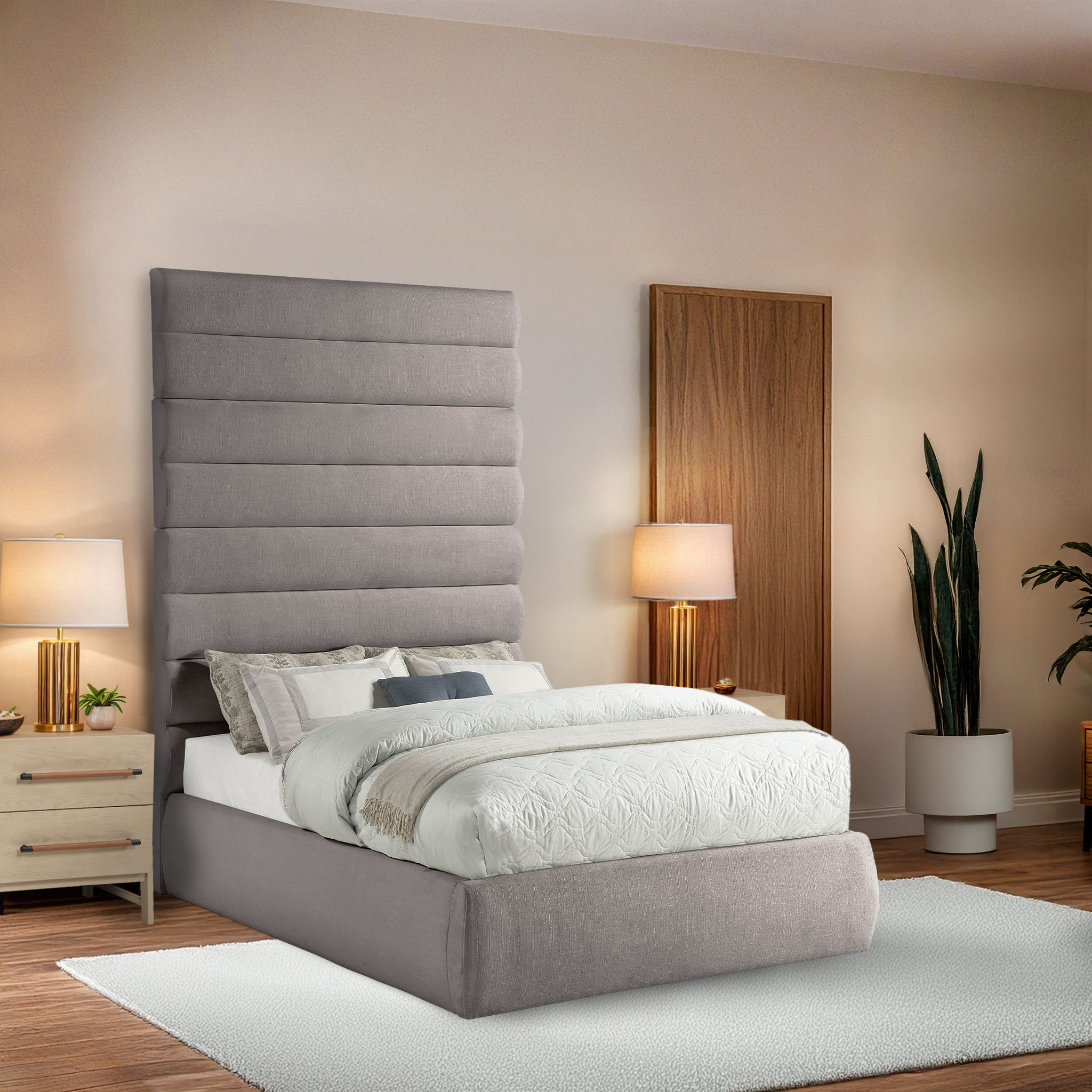 Adam - Linen Fabric Full Bed With 89" Headboard - Taupe