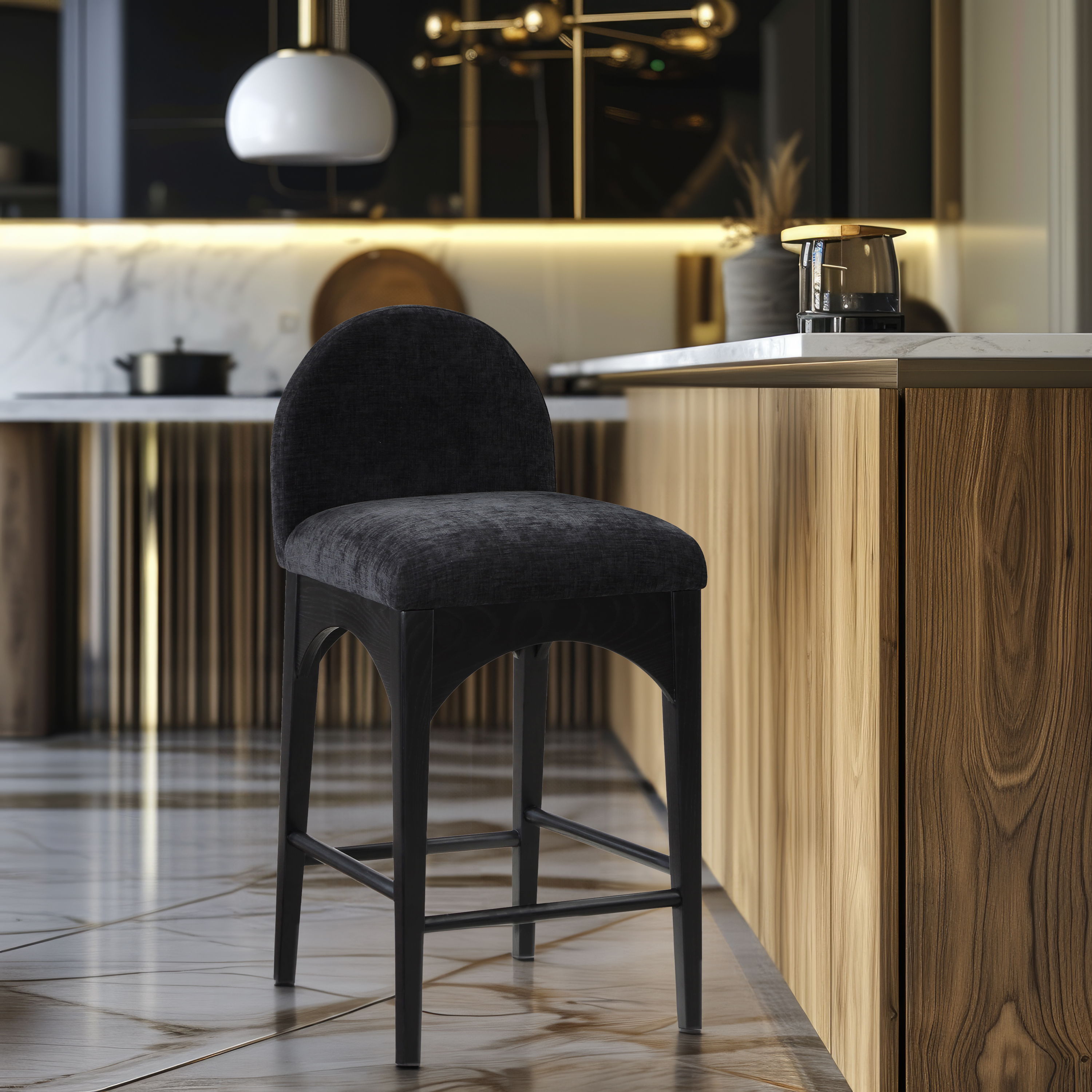 Waldorf - Chenille Stool With Black Legs - Black