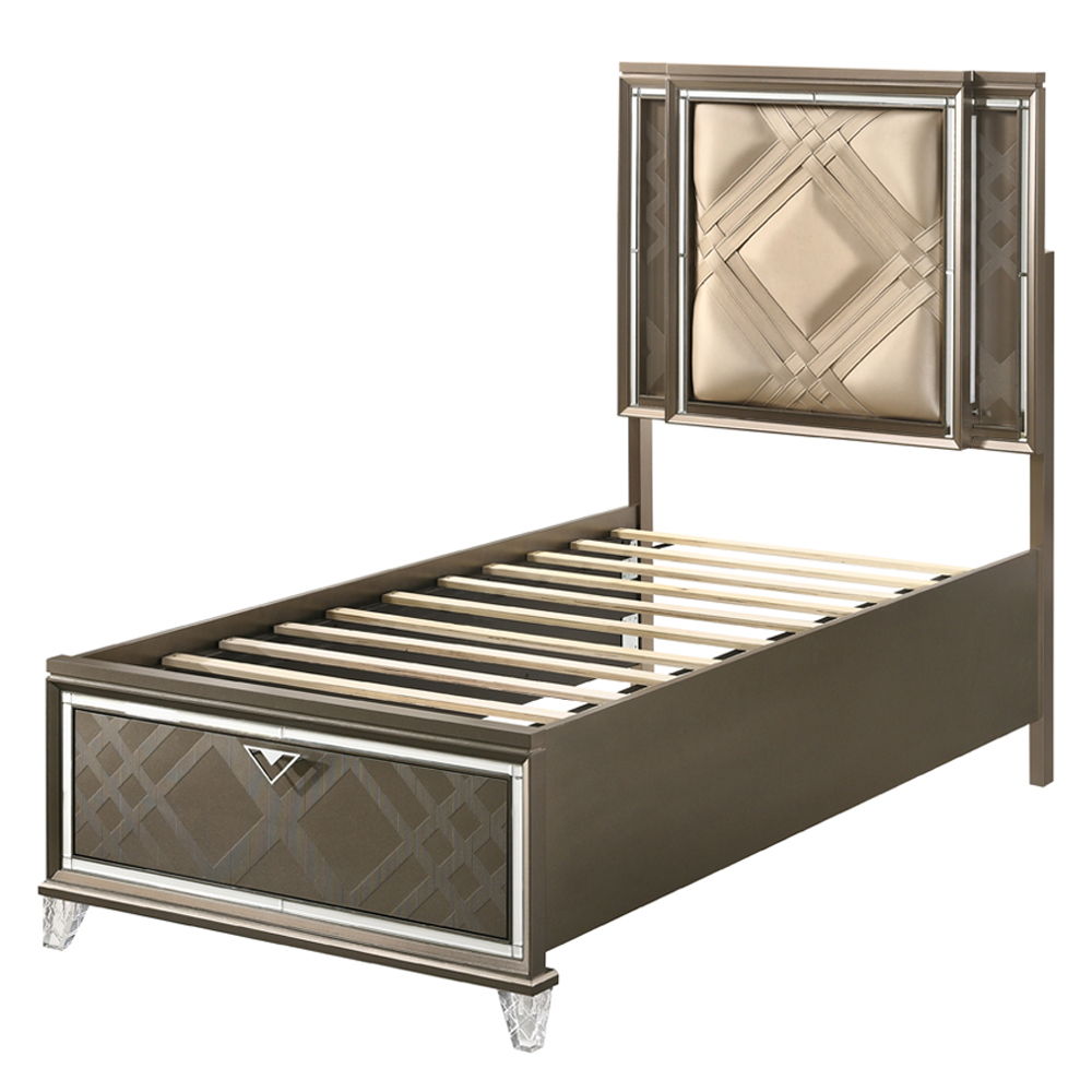 Skylar - Full Bed With LED & Storage - Synthetic Leather & Dark Champagne, dark brown, view 3
