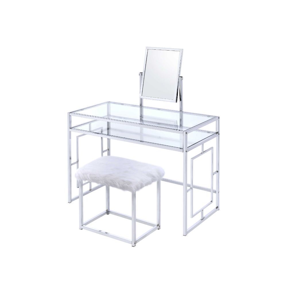 Carenze II - Vanity Set - White Faux Fur & Chrome, white