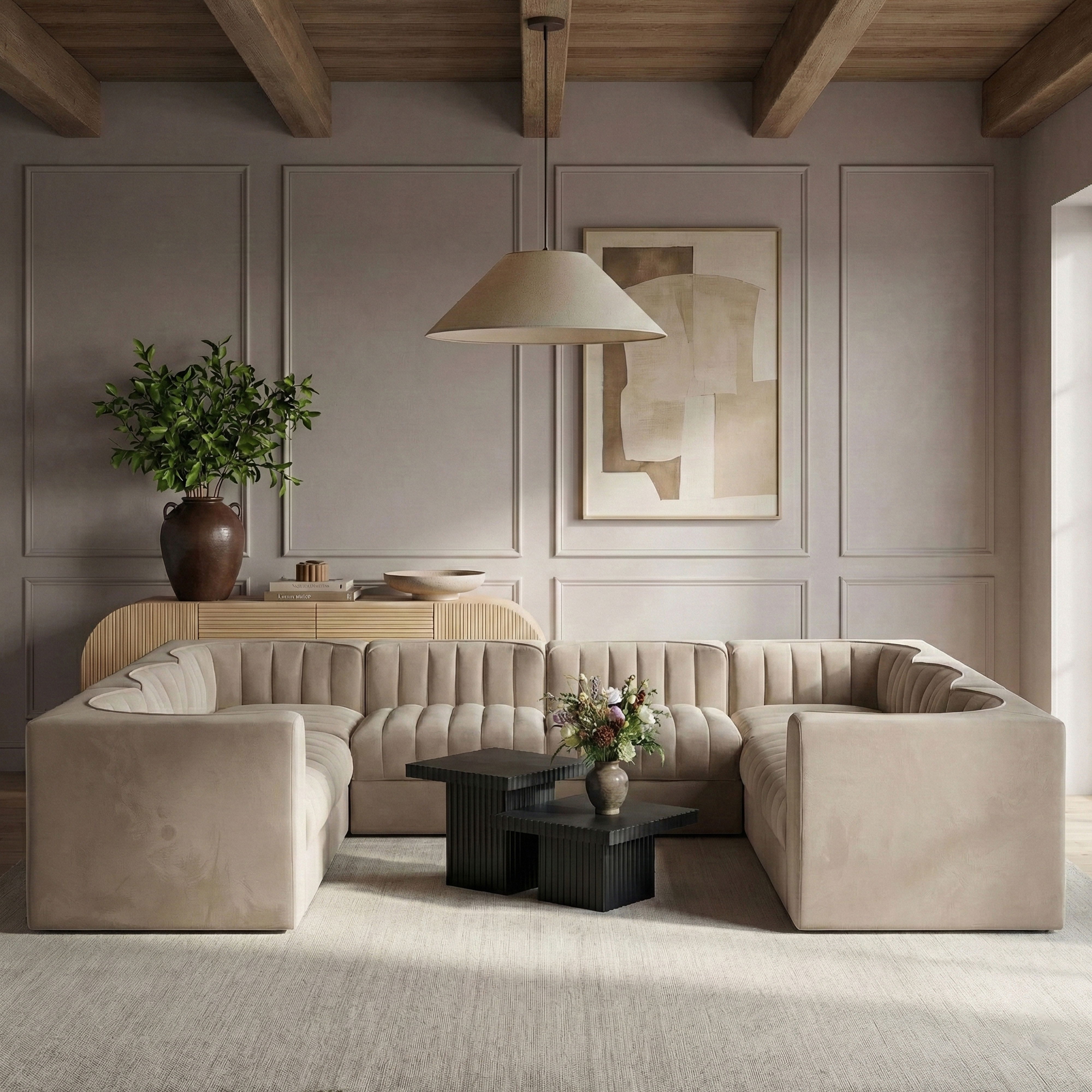 Rummi - Velvet Performance Fabric Upholstered Modular Sectional - Beige