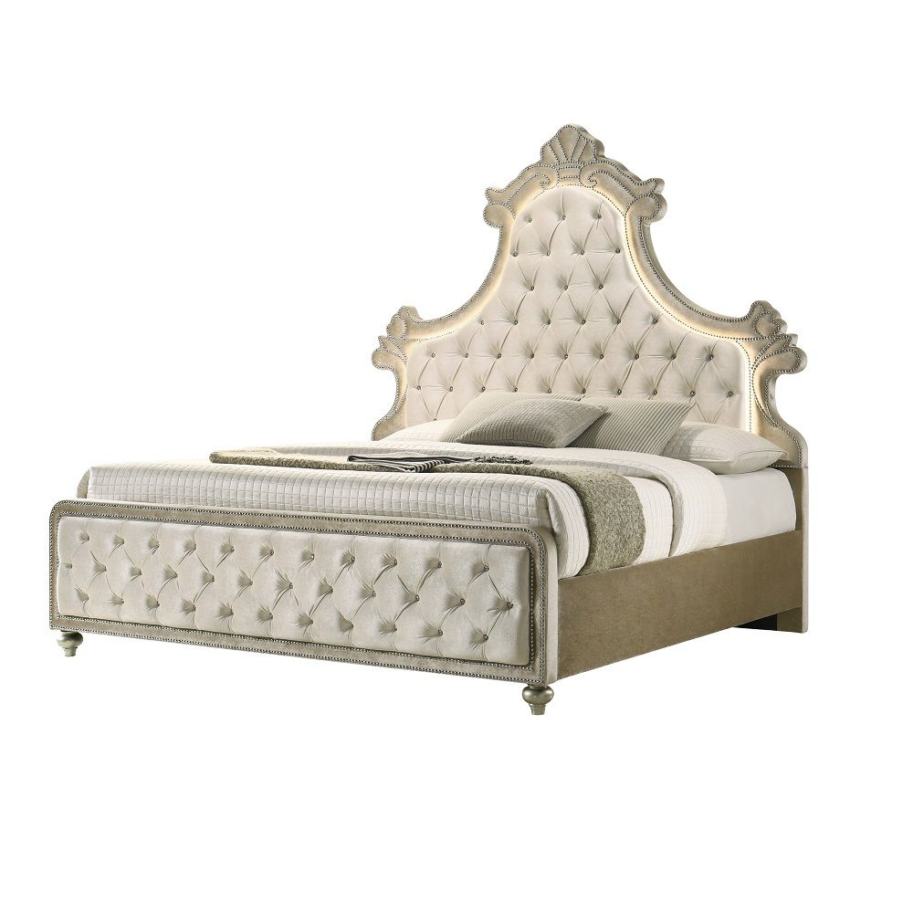Lucienne - Queen Bed With LED - Beige Velvet, beige, view 2