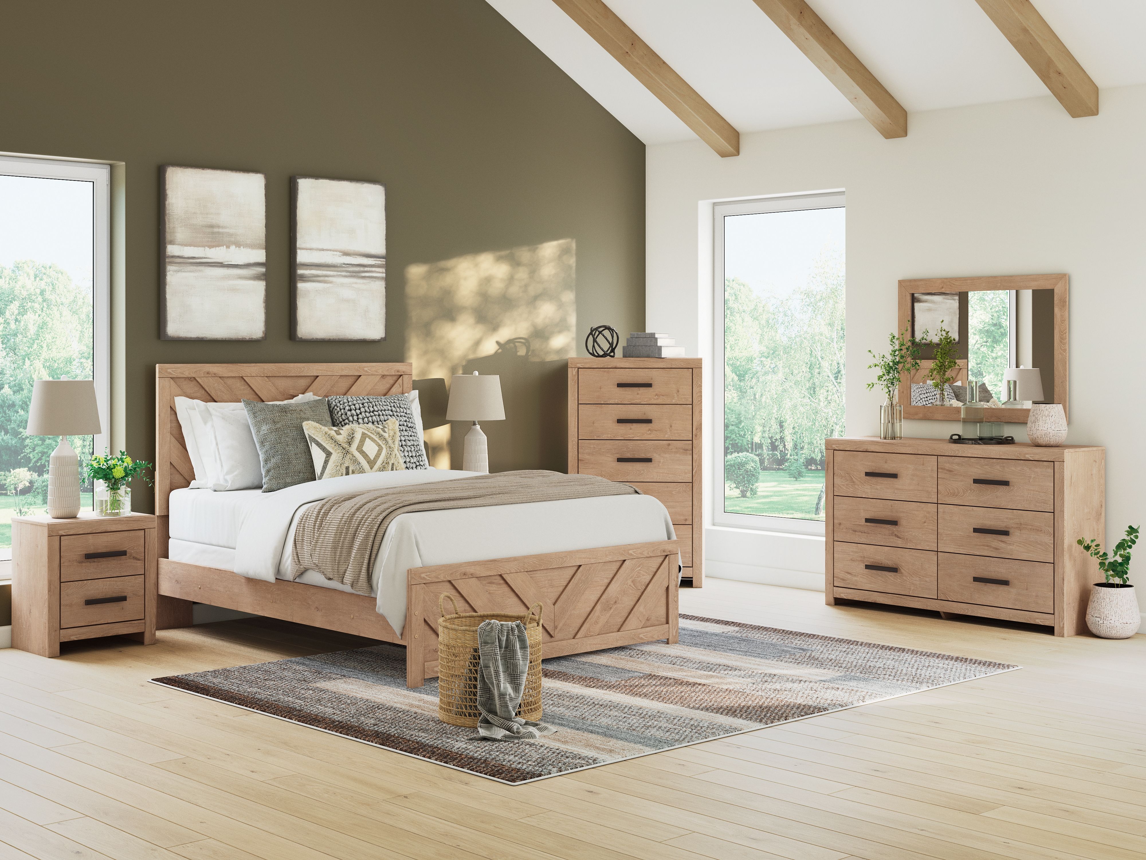 Ashley Sanginlane - Tan - 5 Pc. - Dresser, Mirror, Chest, Queen Panel Bed