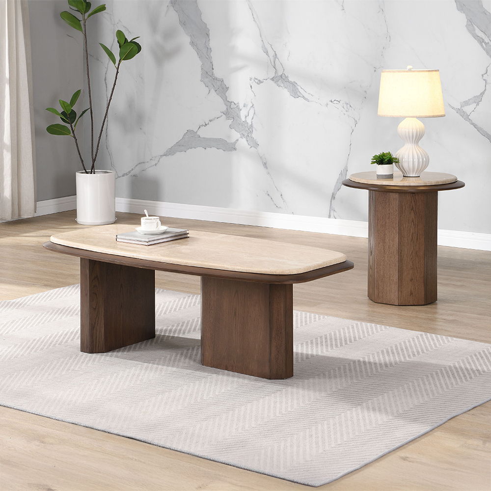 Kasha - Coffee Table - Travertine Top & Walnut, dark brown, view 7