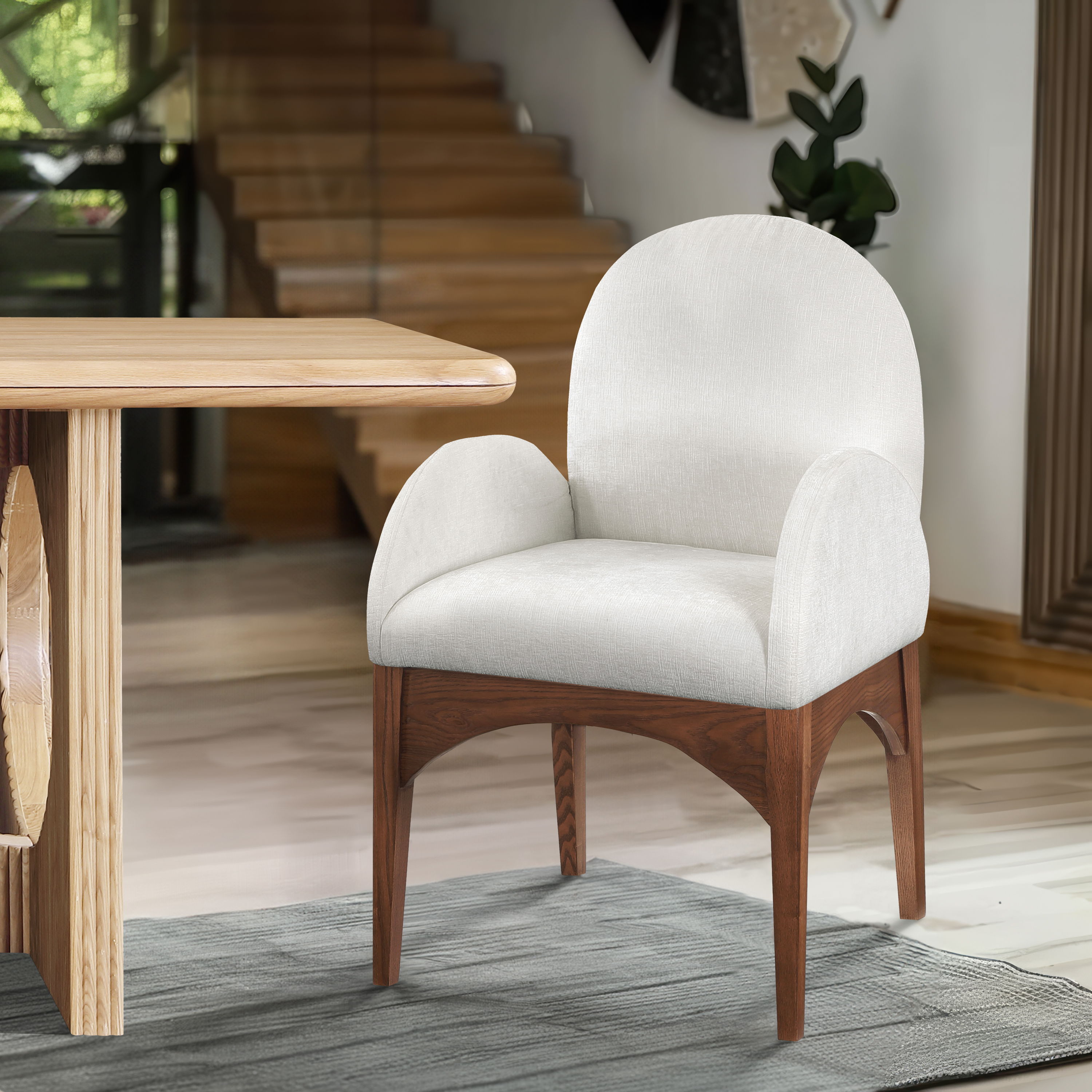 Waldorf - Chenille Dining Arm Chair With Brown Legs - Cream