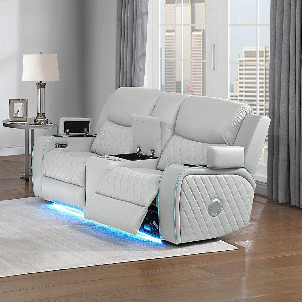 Elonzo - Power Motion Loveseat With Console, LED, Power Headrest & Speaker - Light Gray, light gray