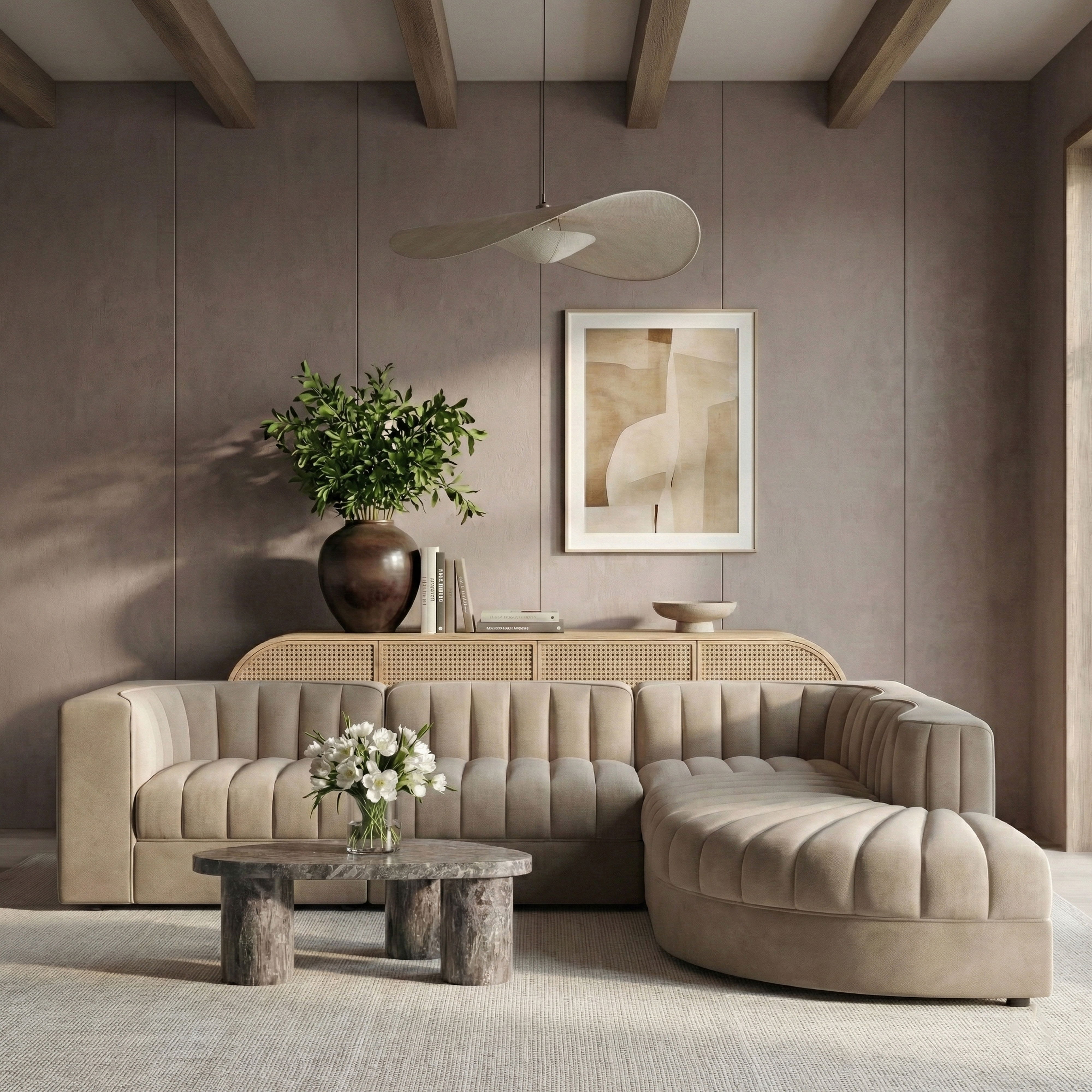 Rummi - Velvet Performance Fabric Upholstered 5 Piece Modular Sectional - Beige