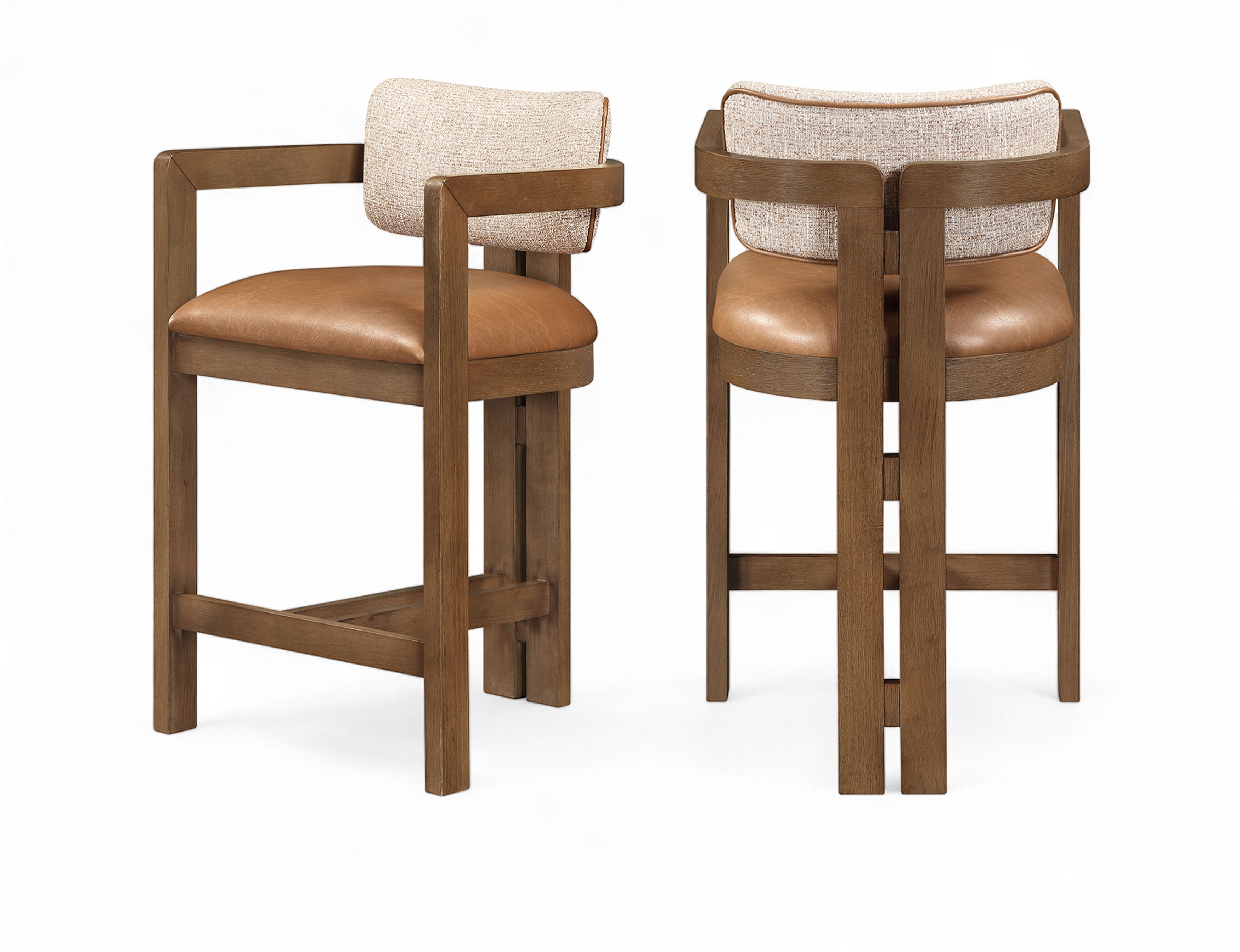 Ravina - Vegan Leather and Linen Textured Fabric Upholstered Counter Stool - Cognac / Stained Brown