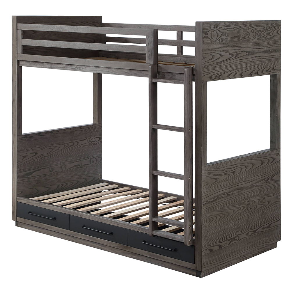 Estevon - Twin Over Twin Bunk Bed With Storage - Gray Oak, dark gray, view 2