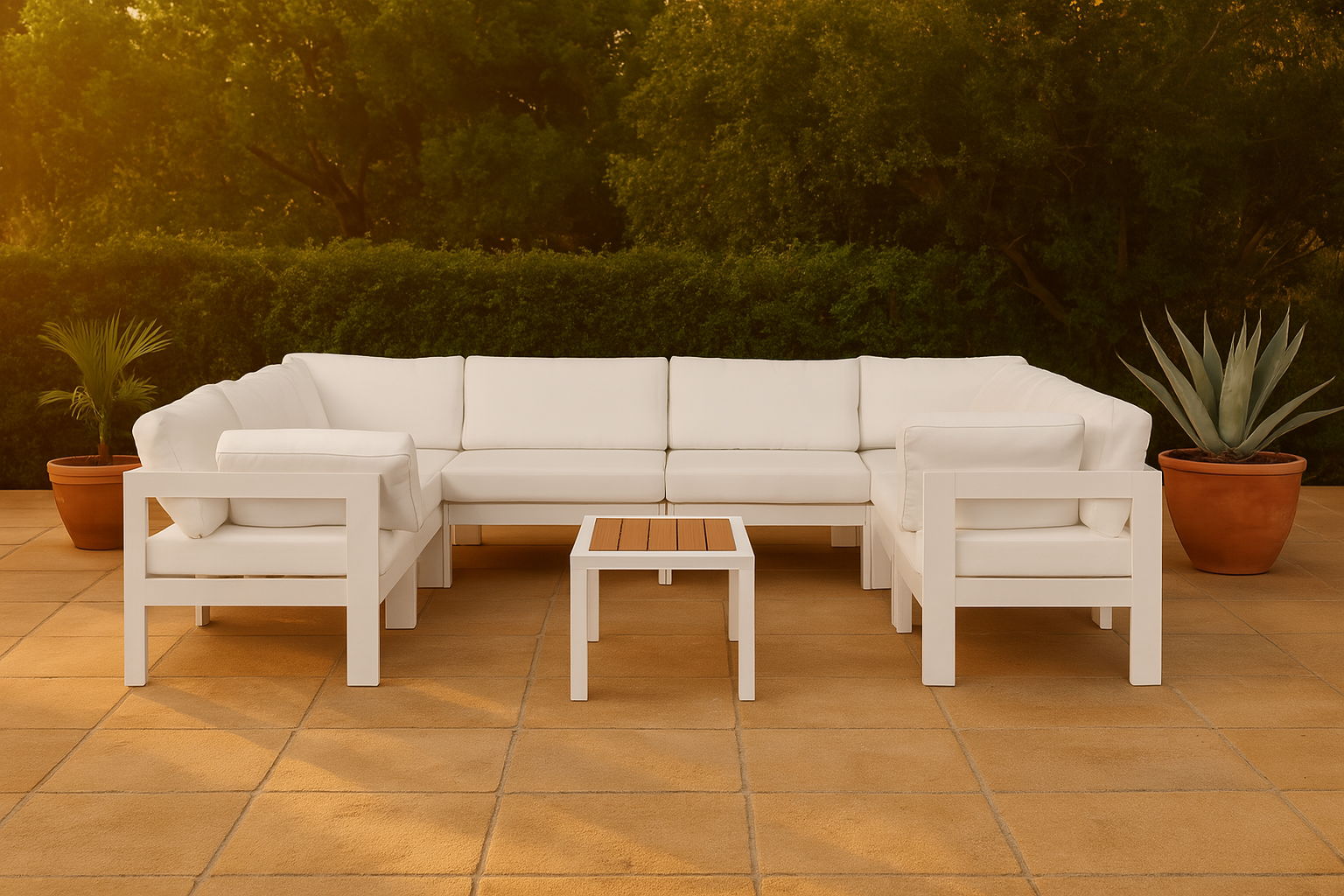 Nizuc - Outdoor Patio 8 Piece Modular U-Shaped Sectional With White Frame - White