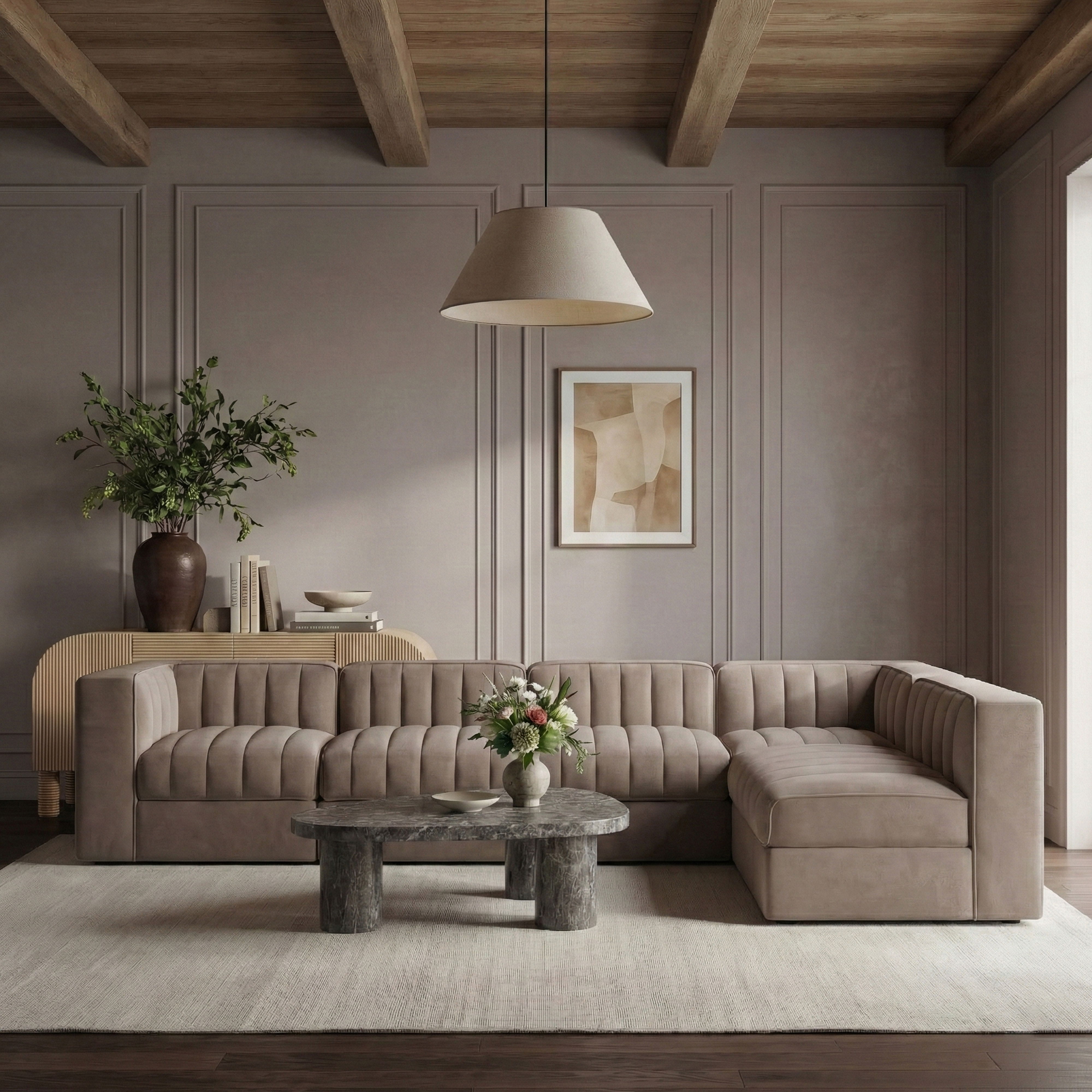 Rummi - Velvet Performance Fabric Upholstered 6 Piece Modular Sectional - Taupe