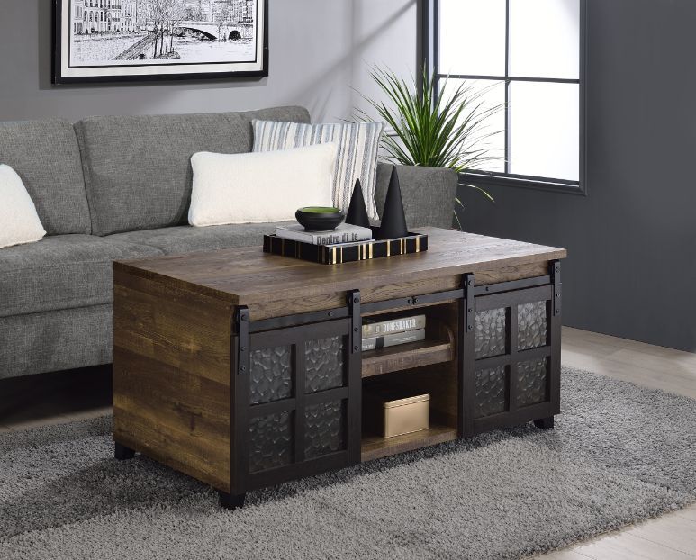 Nineel - Coffee Table - Obscure Glass, Rustic Oak & Black, light brown, view 4