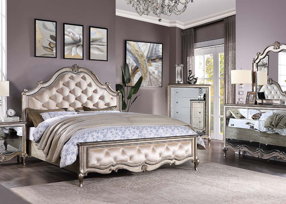 Esteban - Eastern King Bed - Ivory Velvet & Antique Champagne, beige