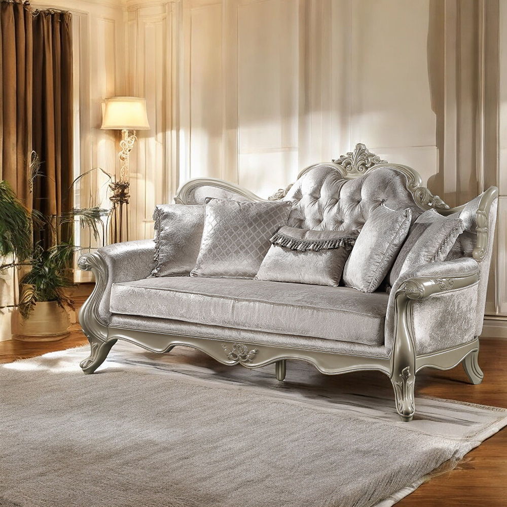 Libertee - Sofa With 5 Pillows - Beige Fabric & Champagne, silver