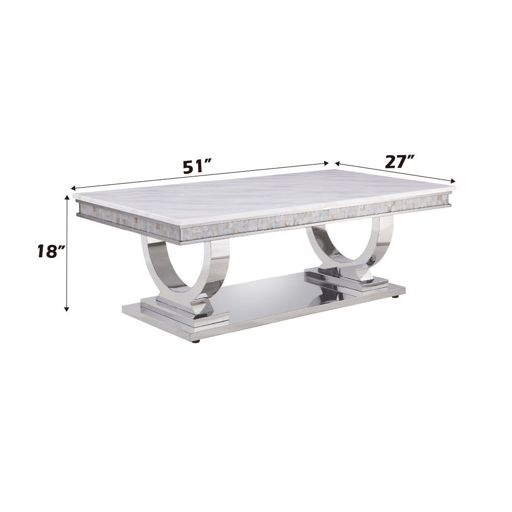 Zander - Coffee Table - White Printed Faux Marble Top & Mirrored Silver, white, view 5