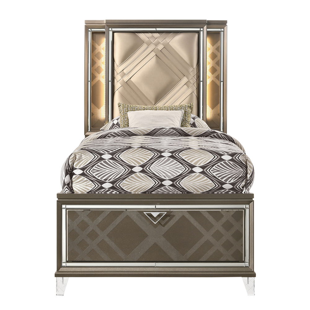 Skylar - Full Bed With LED & Storage - Synthetic Leather & Dark Champagne, dark brown, view 6
