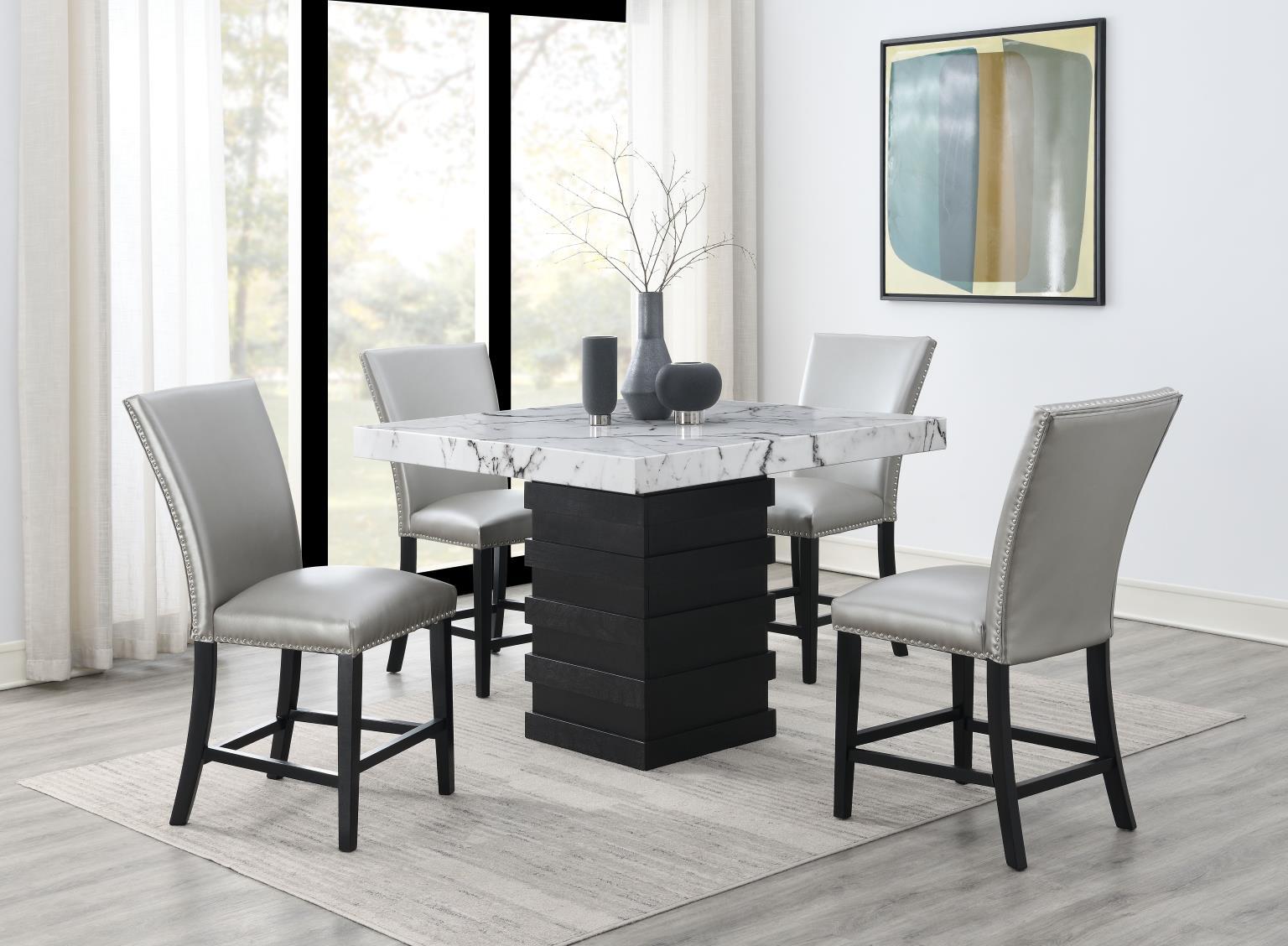 D138 - 5 Piece Dining Room Set (Counter Table, 4 Faux Leather Chairs) - Shimmer Silver