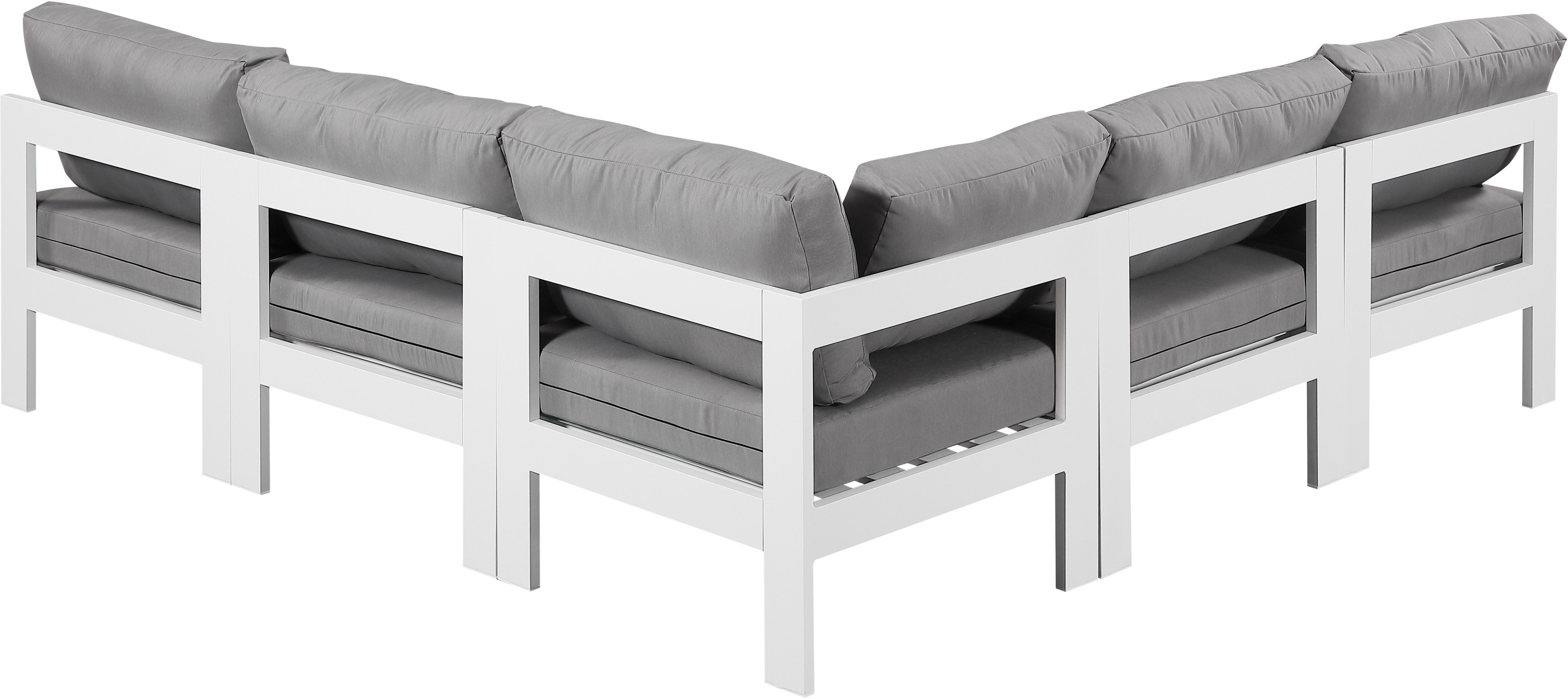 Nizuc - Outdoor Patio 5 Piece Modular Corner Armless Sectional With White Frame - Gray