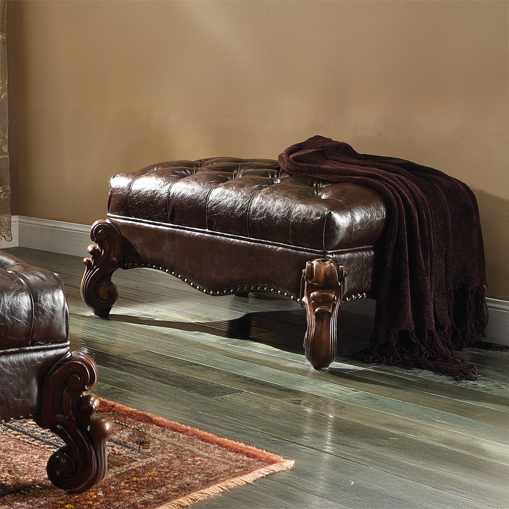 Versailles - Ottoman - Two Tone Dark Brown Synthetic Leather & Cherry Oak, dark brown