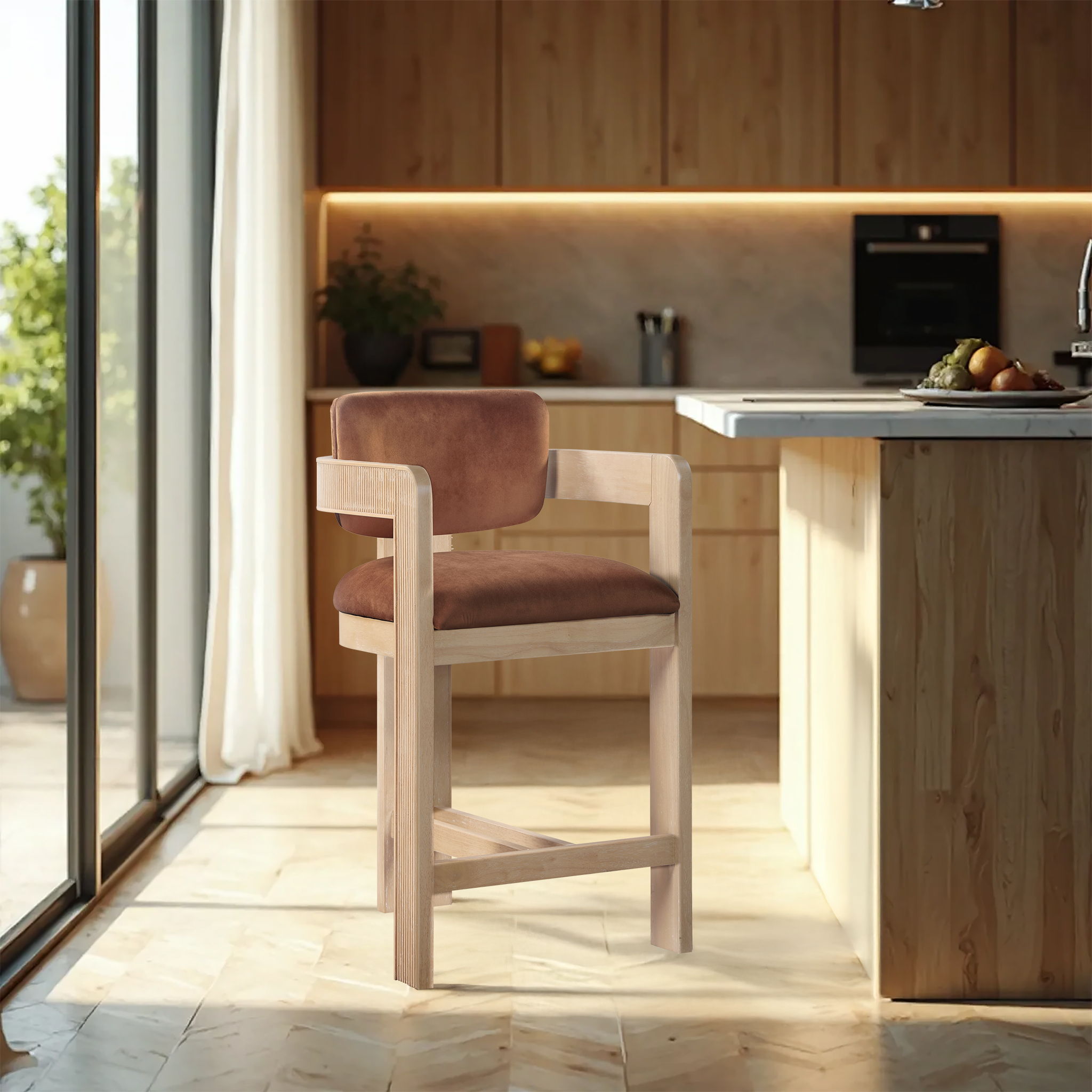 Sacha - Velvet Stool With Natural Base - Cognac