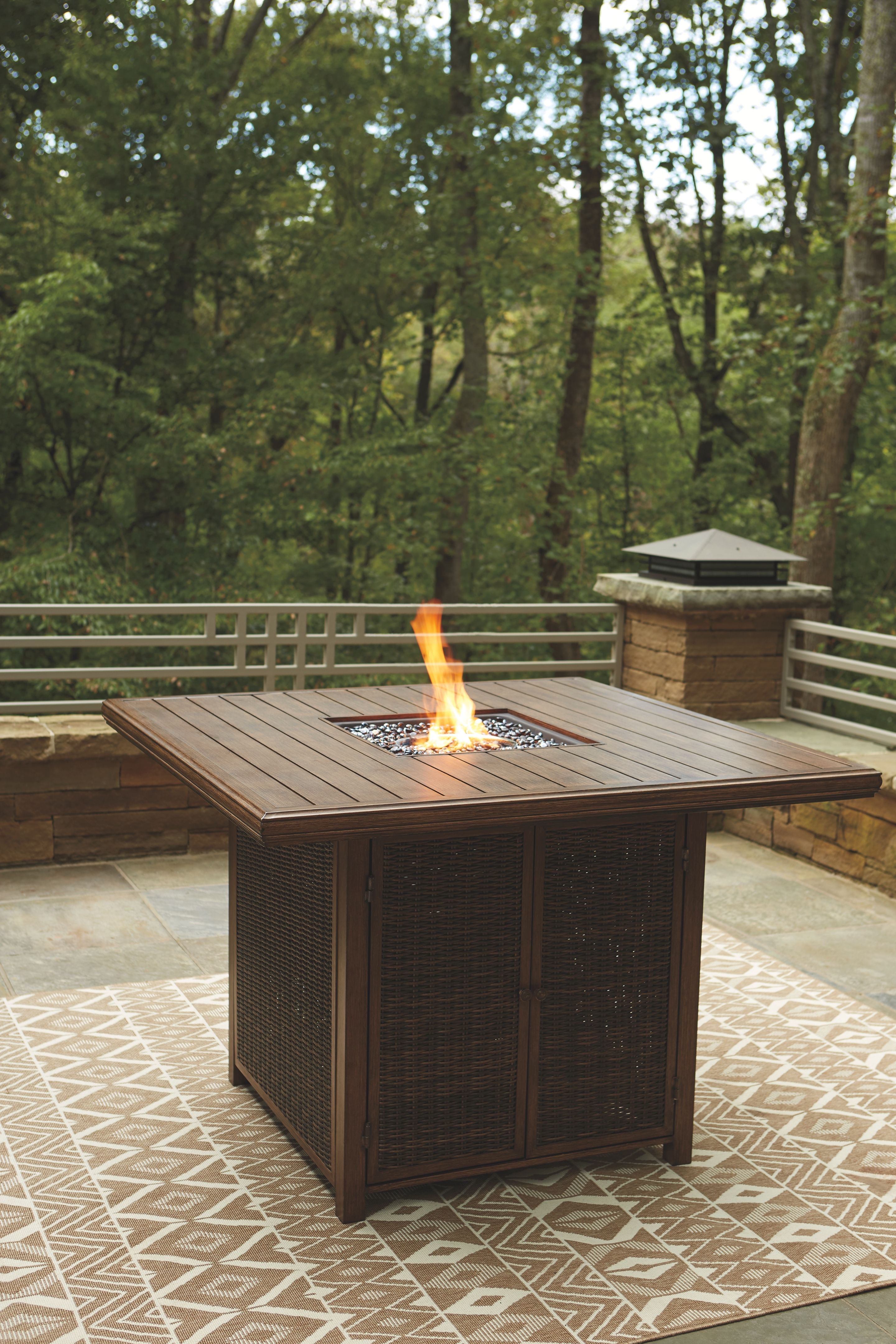 Paradise Trail - 9 Pc. - Fire Pit Table, 8 Barstools - Medium Brown