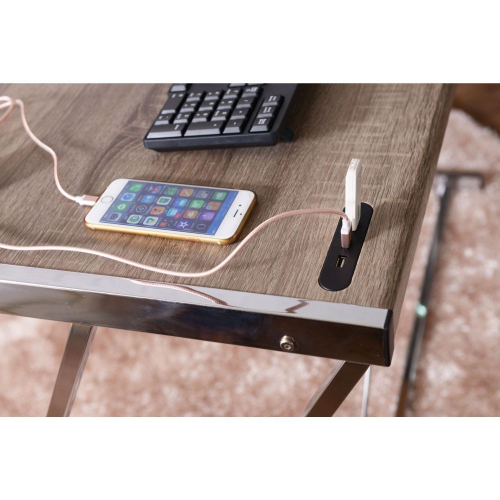 Finis - Writing Desk With USB - Weathered Oak & Chrome, silver