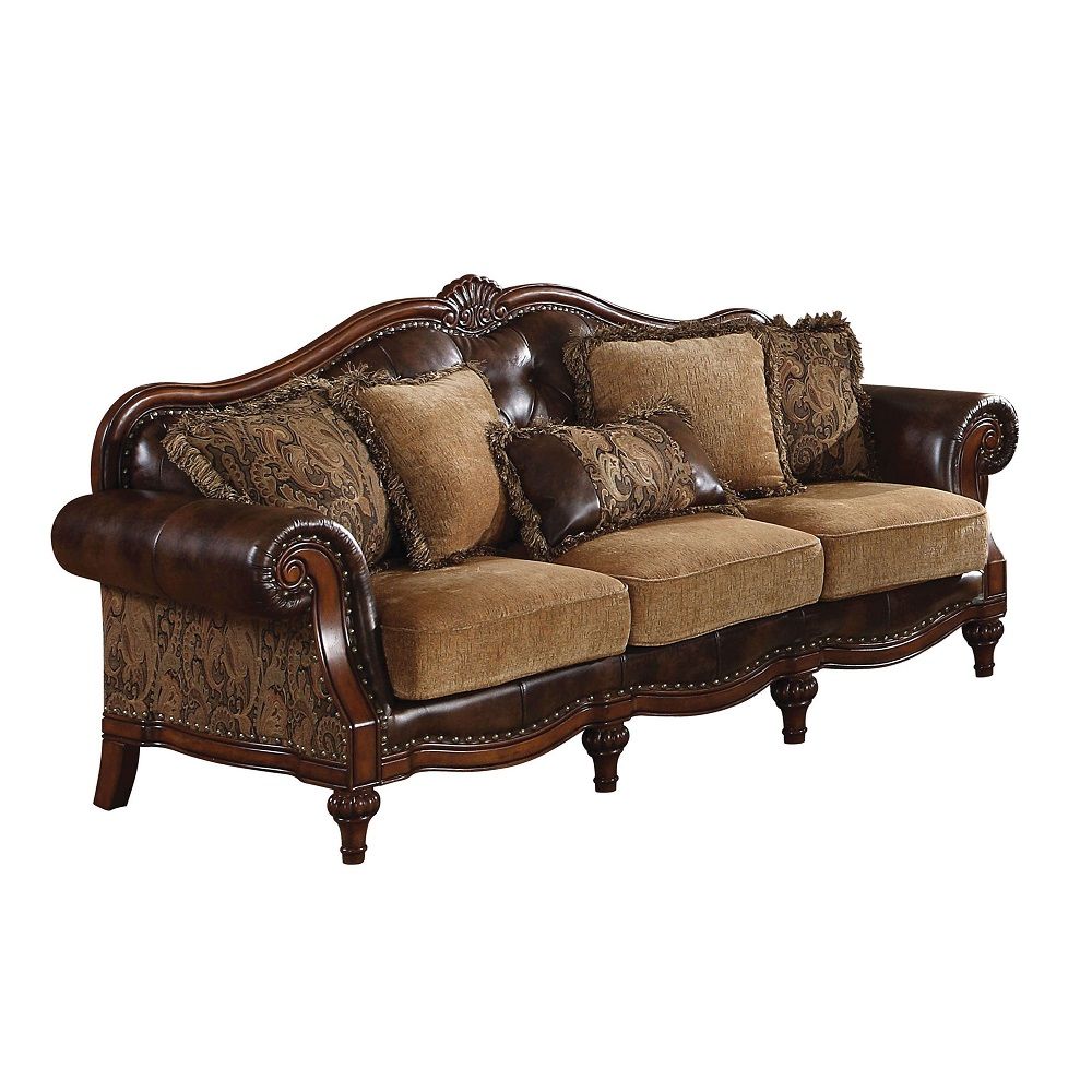 Dreena - Sofa With 5 Pillows - Two Tone Brown Synthetic Leather & Chenille Cherry, dark brown, view 2