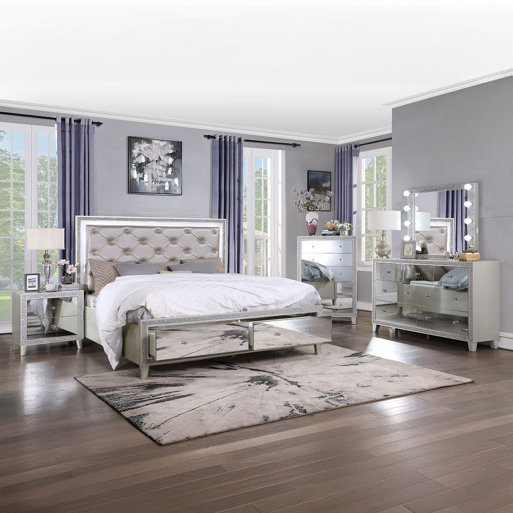 Sliverfluff - California King Bed With LED & Storages - Synthetic Leather & Champagne, beige, view 6