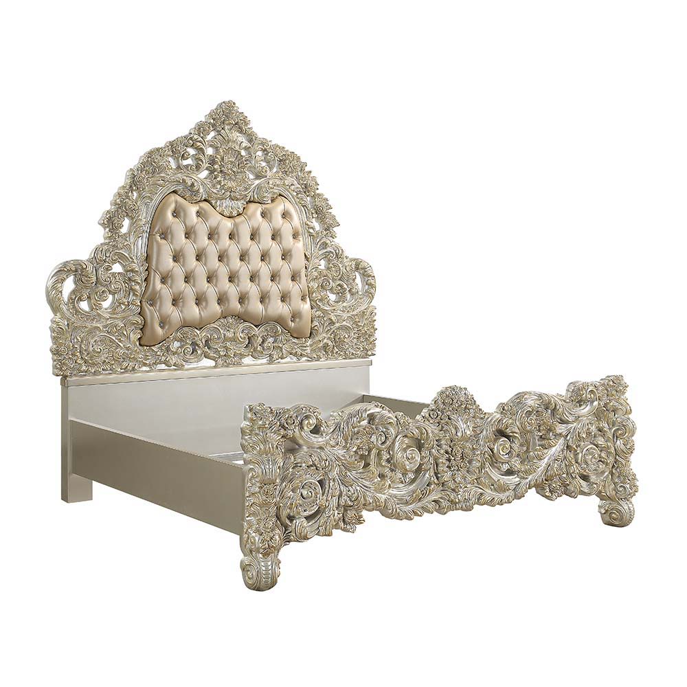 Sorina - Eastern King Bed - Synthetic Leather & Antique Gold, beige