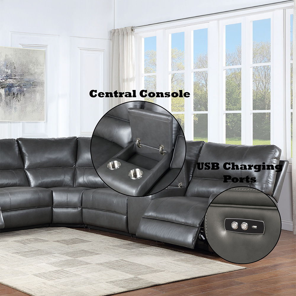Saul - Power Motion Sectional Sofa - Gray Leather-Aire, dark gray, view 5