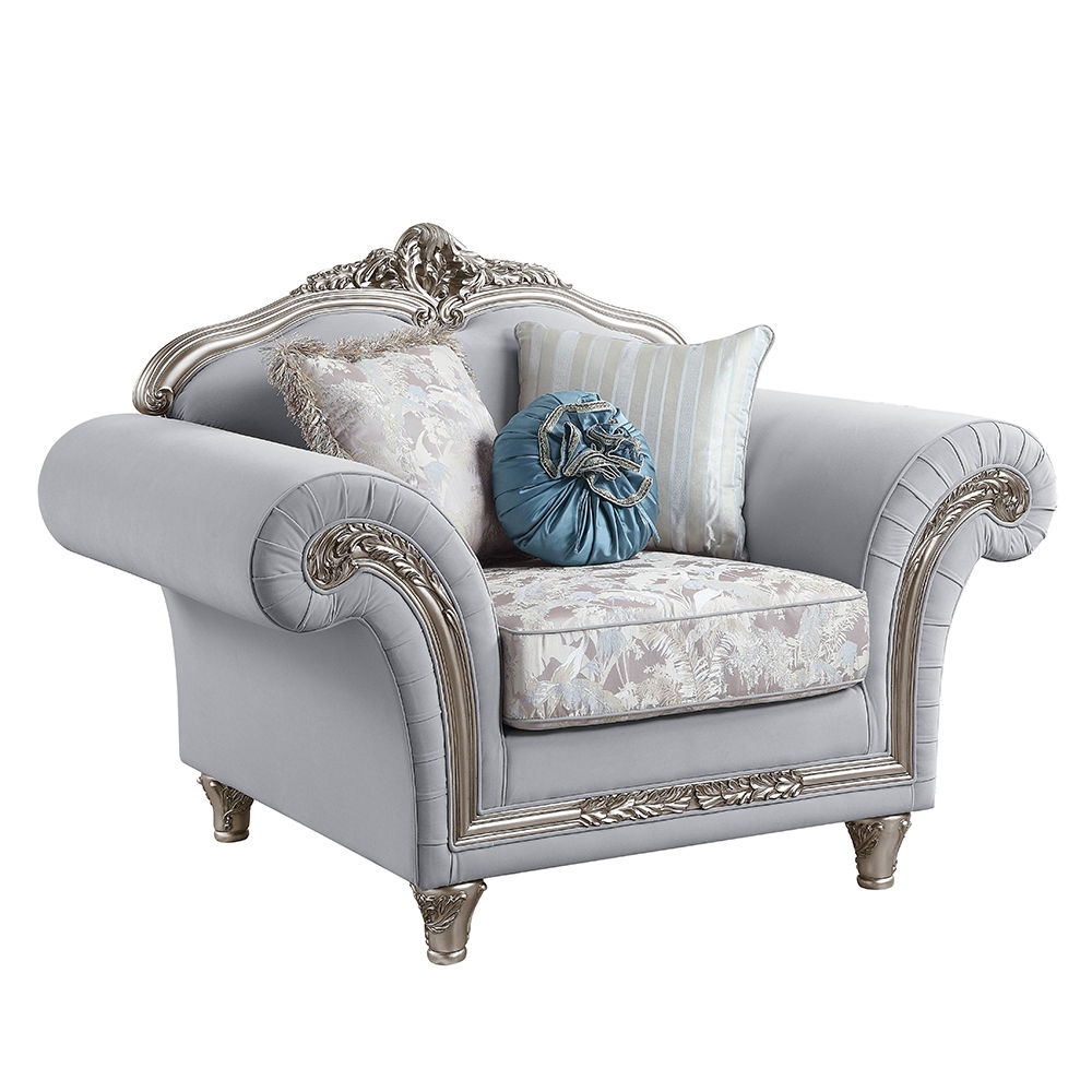 Pelumi - Chair With 3 Pillows - Light Gray Linen & Platinum, gray