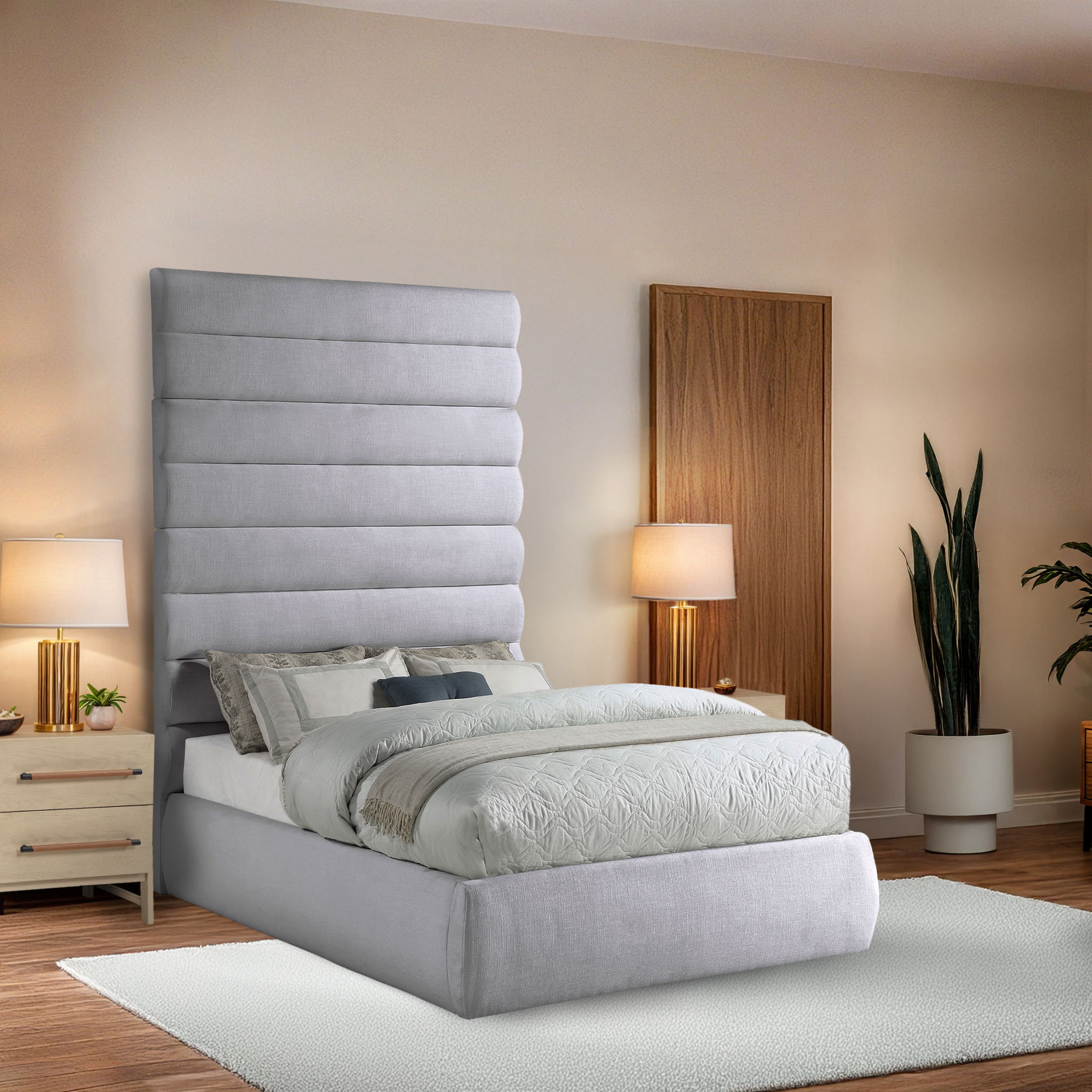 Adam - Linen Fabric Full Bed With 89" Headboard - Gray