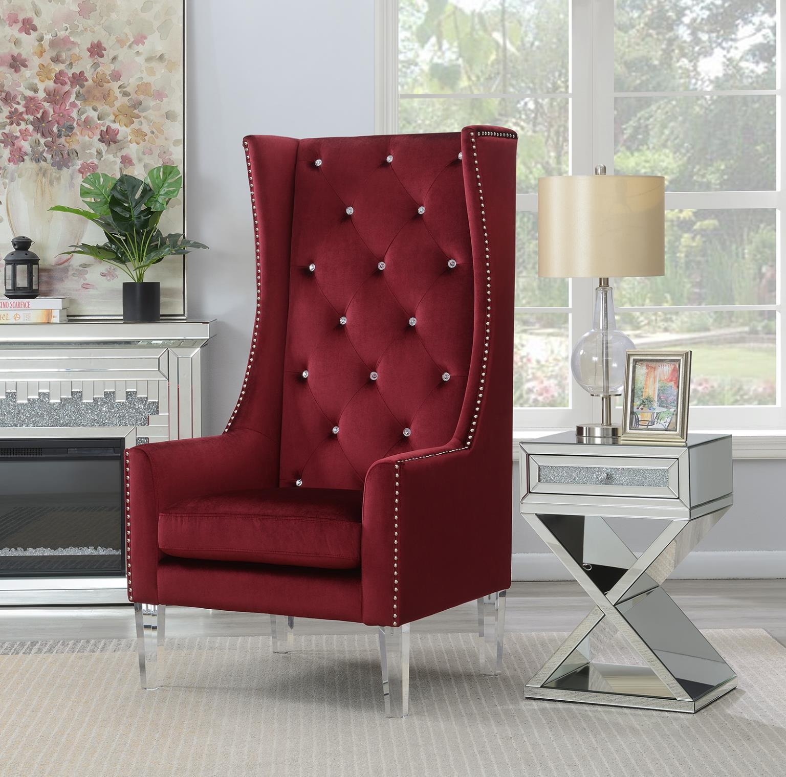 D2091 - High Back Velvet Wing Chair With Acrylic Legs - Burgundy