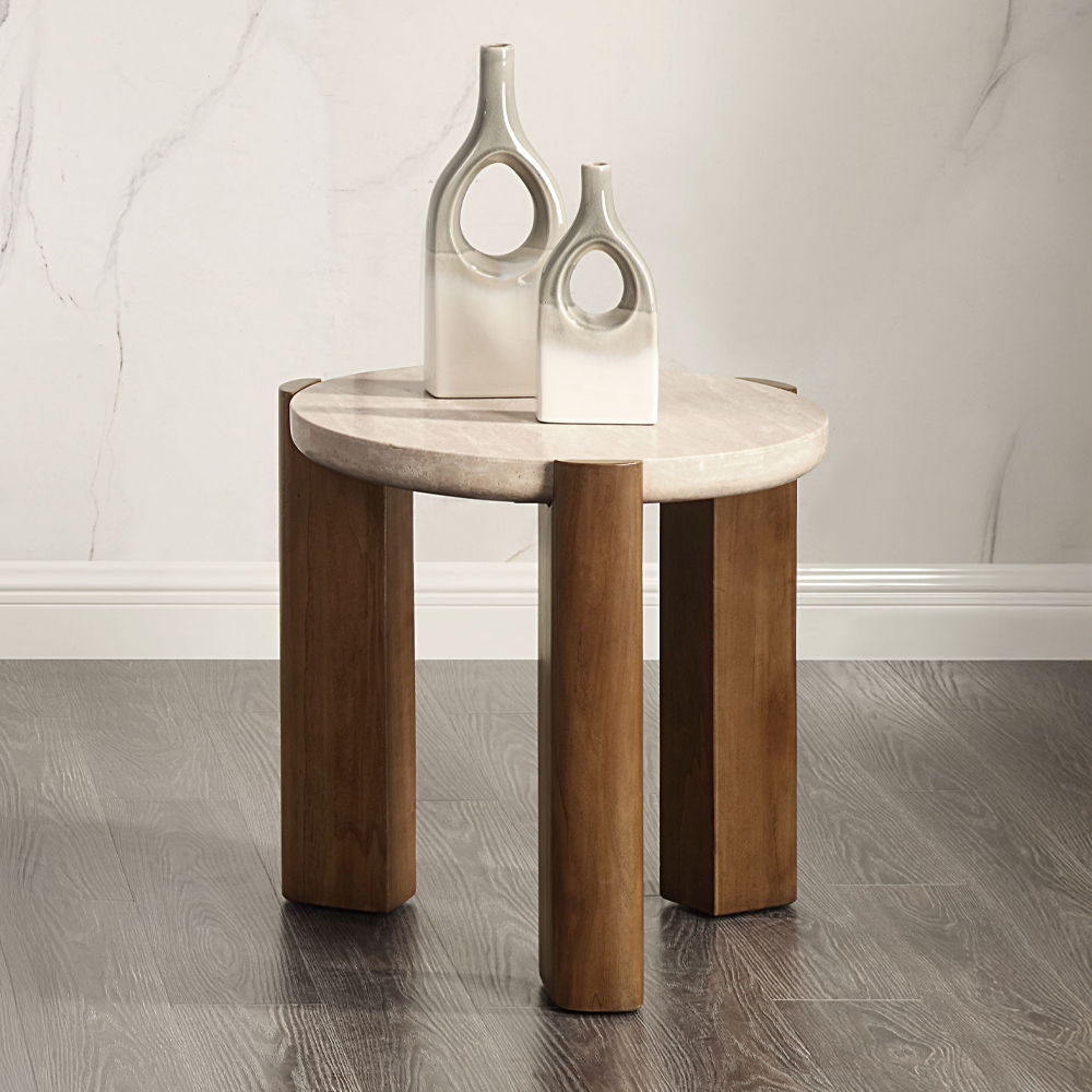 Leonardo - End Table - Travertine Top & Dark Oak, dark brown