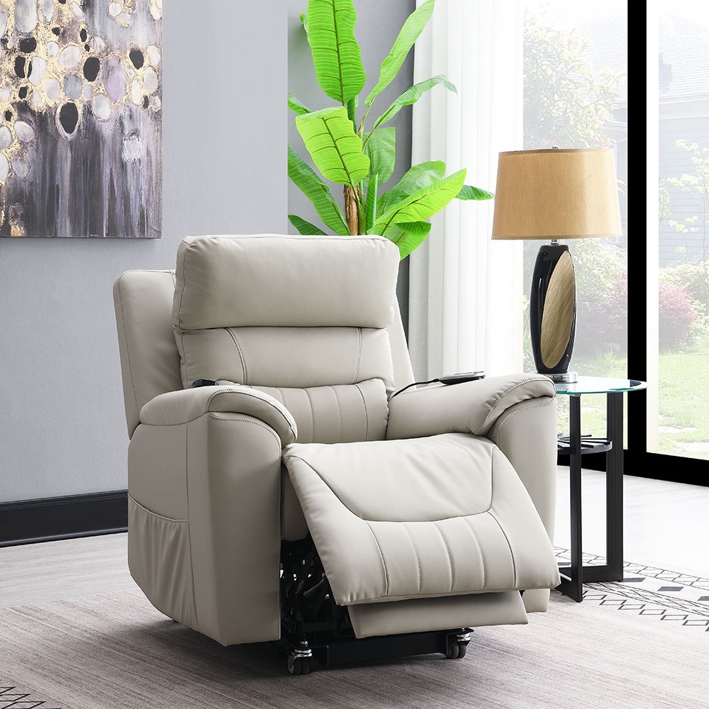 Marsha - Power Recliner With Lift & Massage - Light Gray Leather, light gray