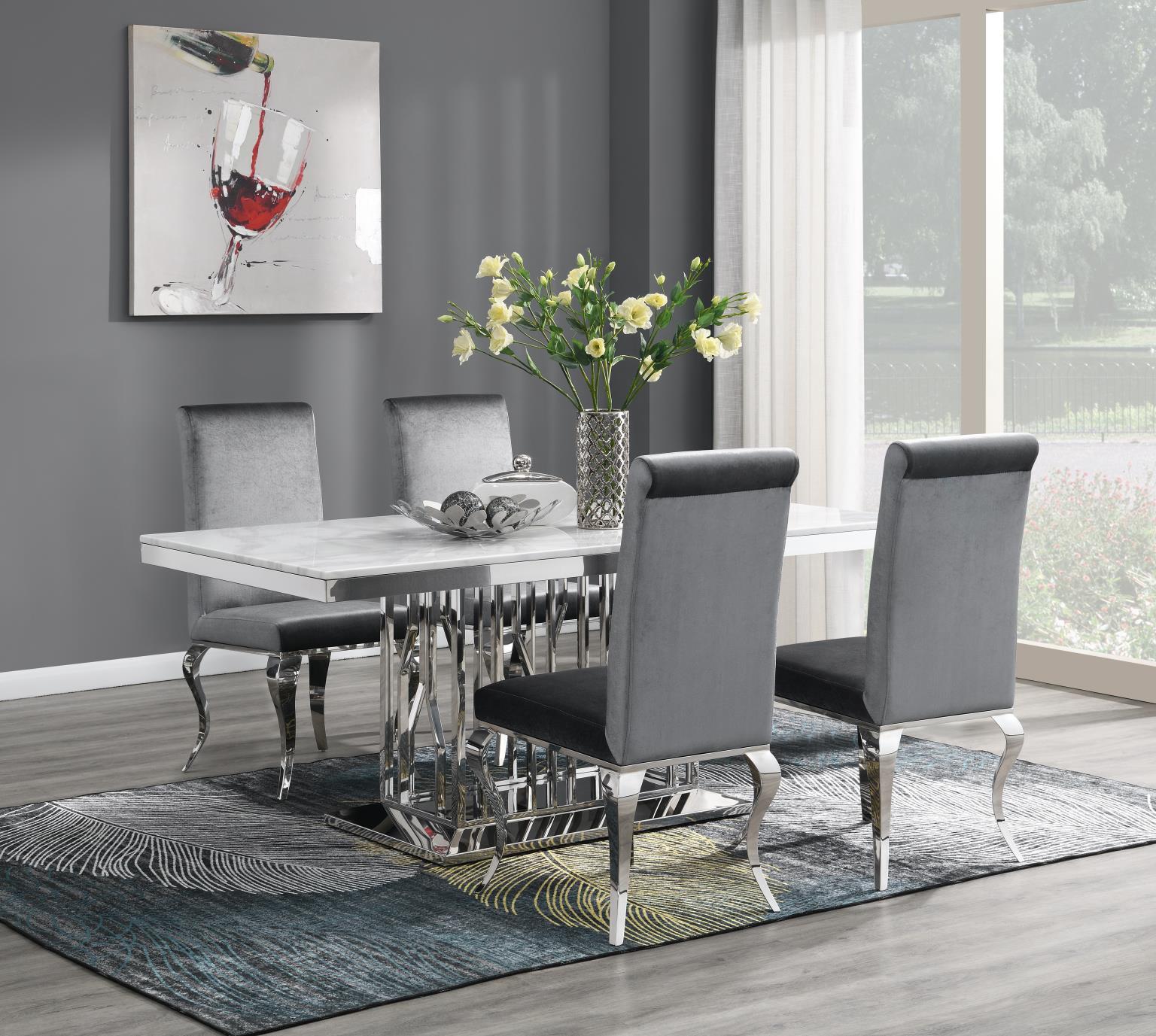 G-081-T-WHITE - 5 Piece Dining Room Set (Table, 4 Velvet Chairs) - White / Gray