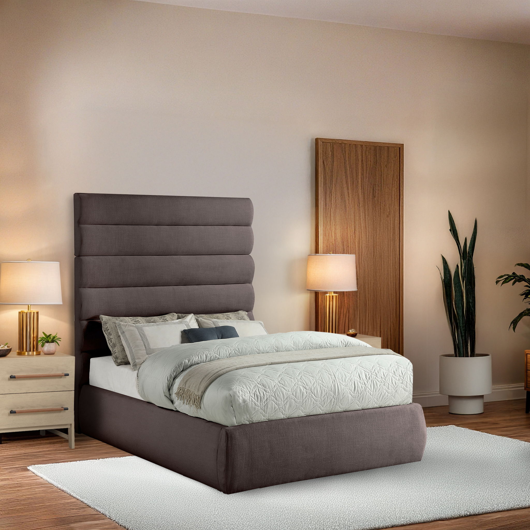 Adam - Linen Fabric Full Bed With 70.5" Headboard - Brown