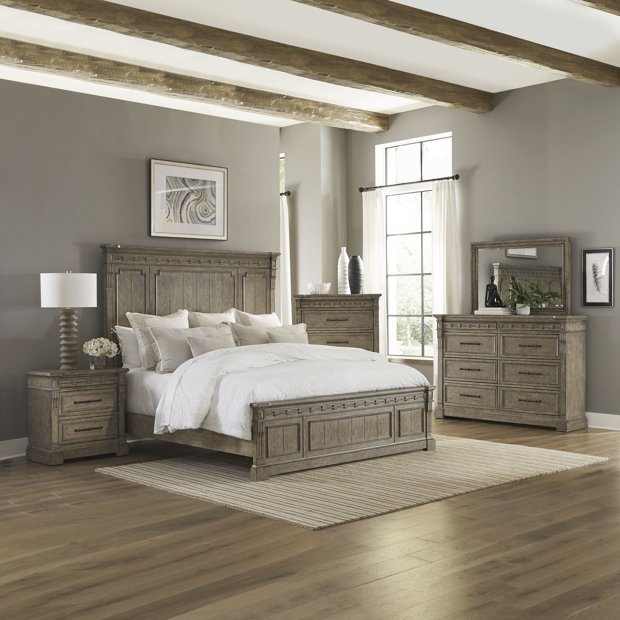 Liberty Furniture Town & Country - 5 Piece Bedroom Set (King Panel Bed, Dresser & Mirror, Chest, Nightstand) - Medium Brown