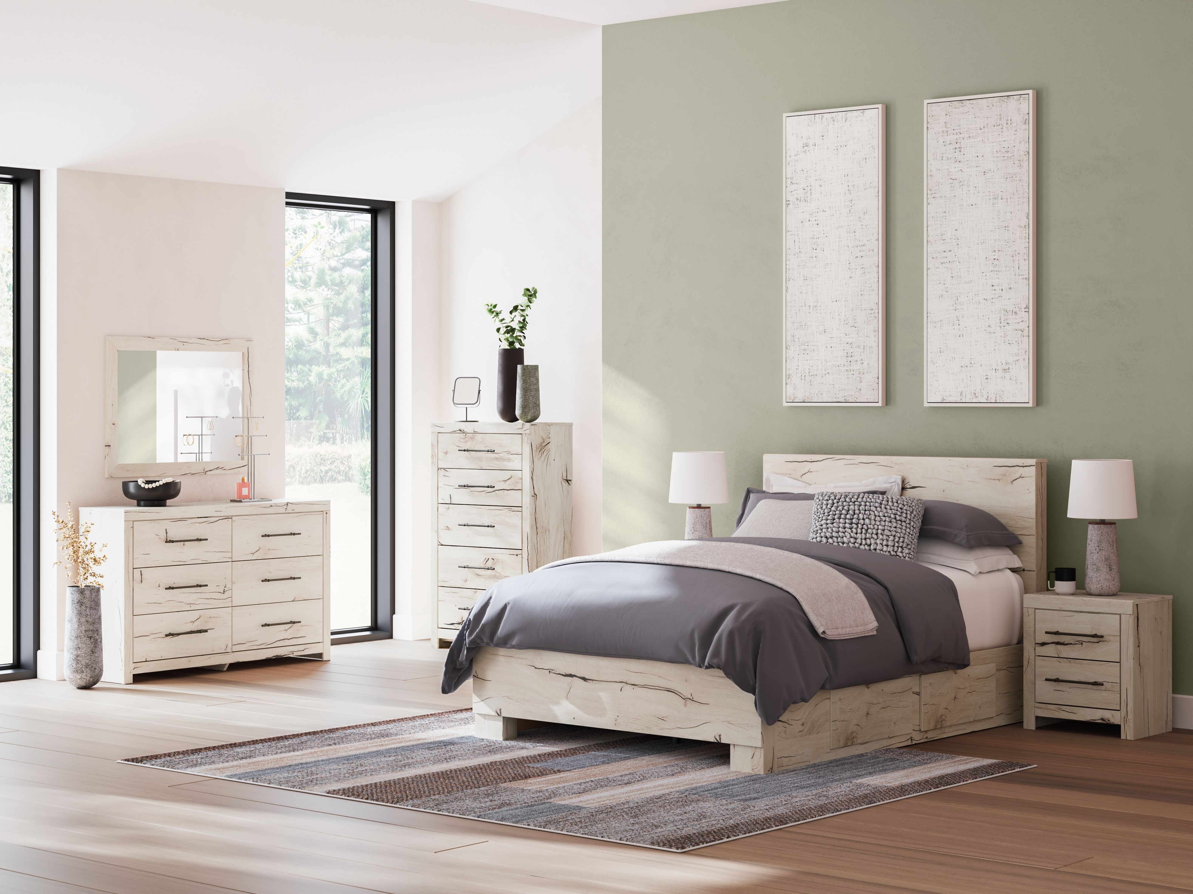 Ashley Lawroy - Light Natural - 10 Pc. - Dresser, Mirror, Chest, Queen Panel Bed With 2 Under Bed Storage Units, 2 Nightstands