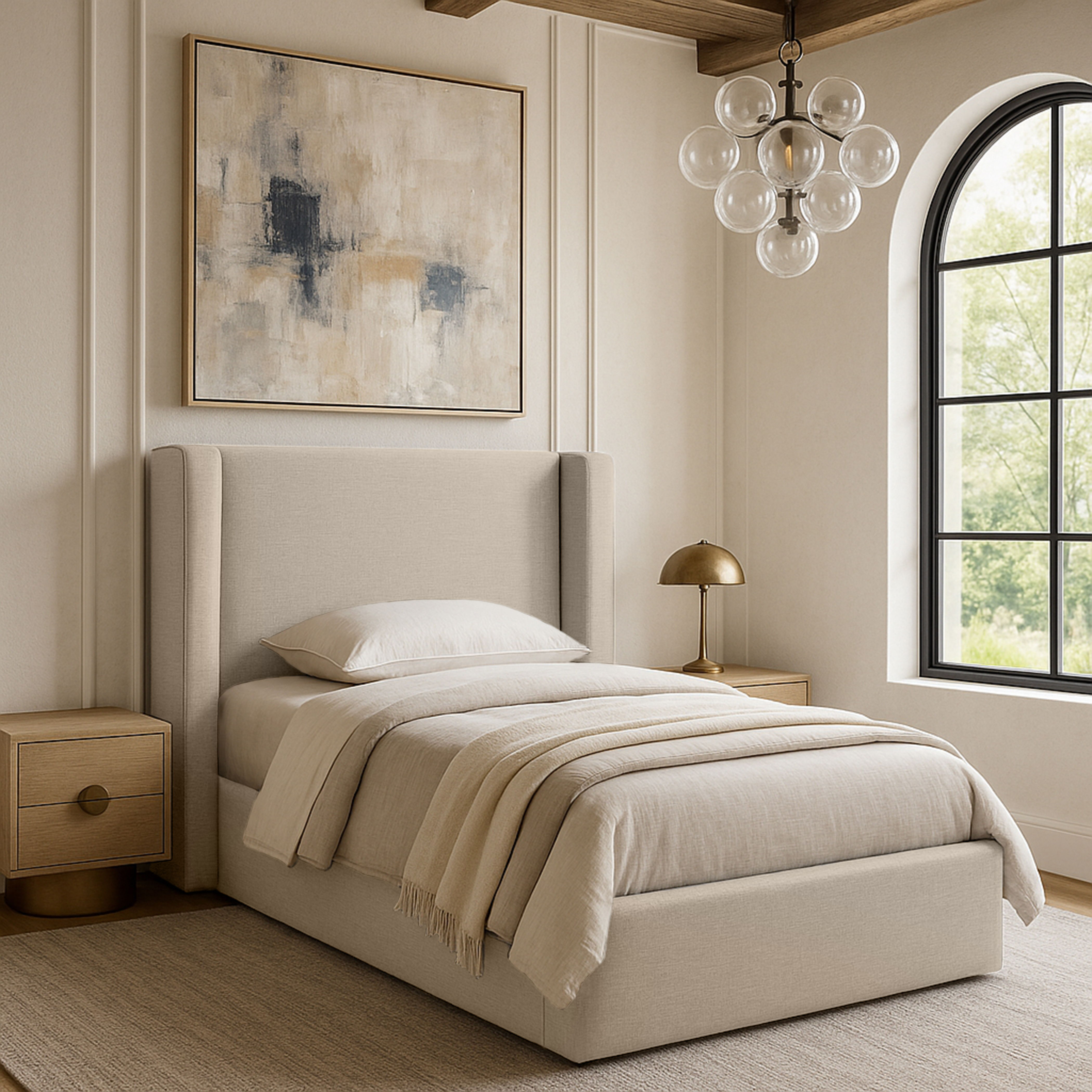 Kendall - Linen Textured Fabric Upholstered Twin Bed - Beige