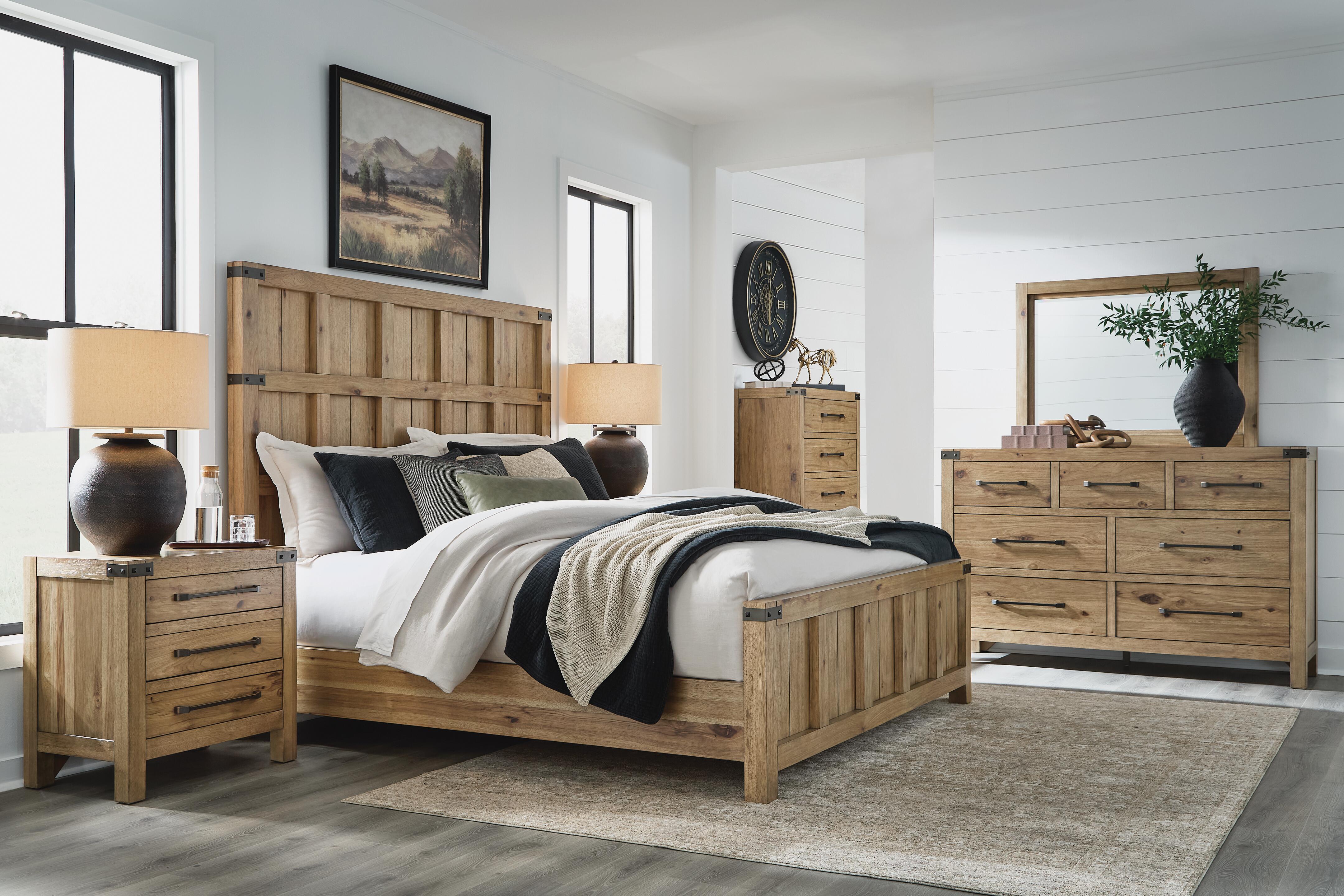 Ridgester - 6 Pc. - Dresser, Mirror, Chest, California King Panel Bed - Light Brown