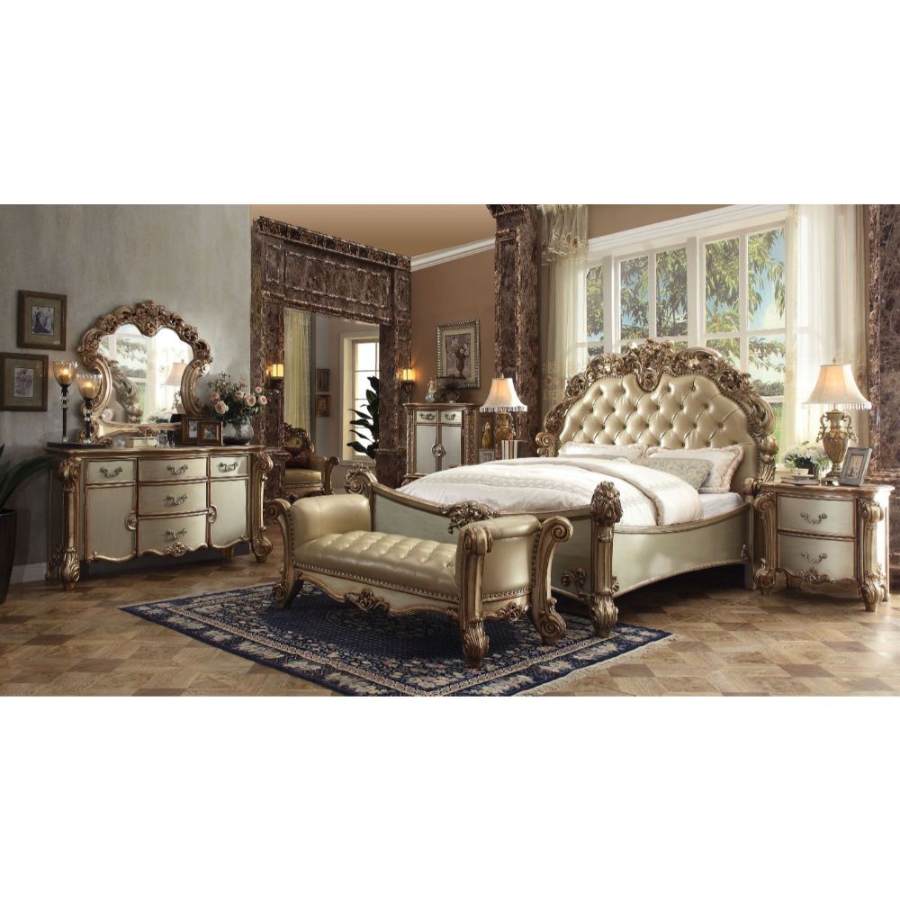Vendome - Queen Bed - Brass Synthetic Leather & Gold Patina, beige